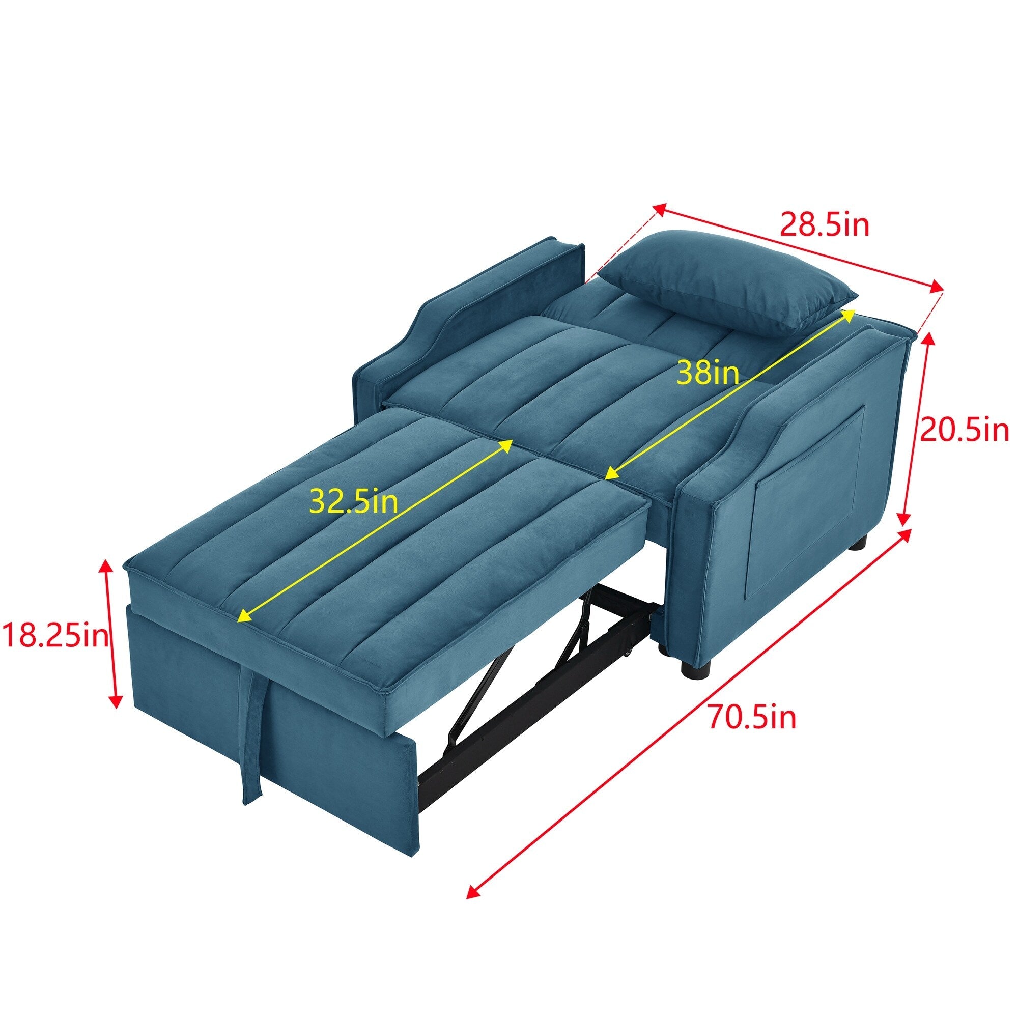 Canapé-lit simple convertible en velours bleu 35,5 avec lit gigogne, poche de rangement et oreillers
