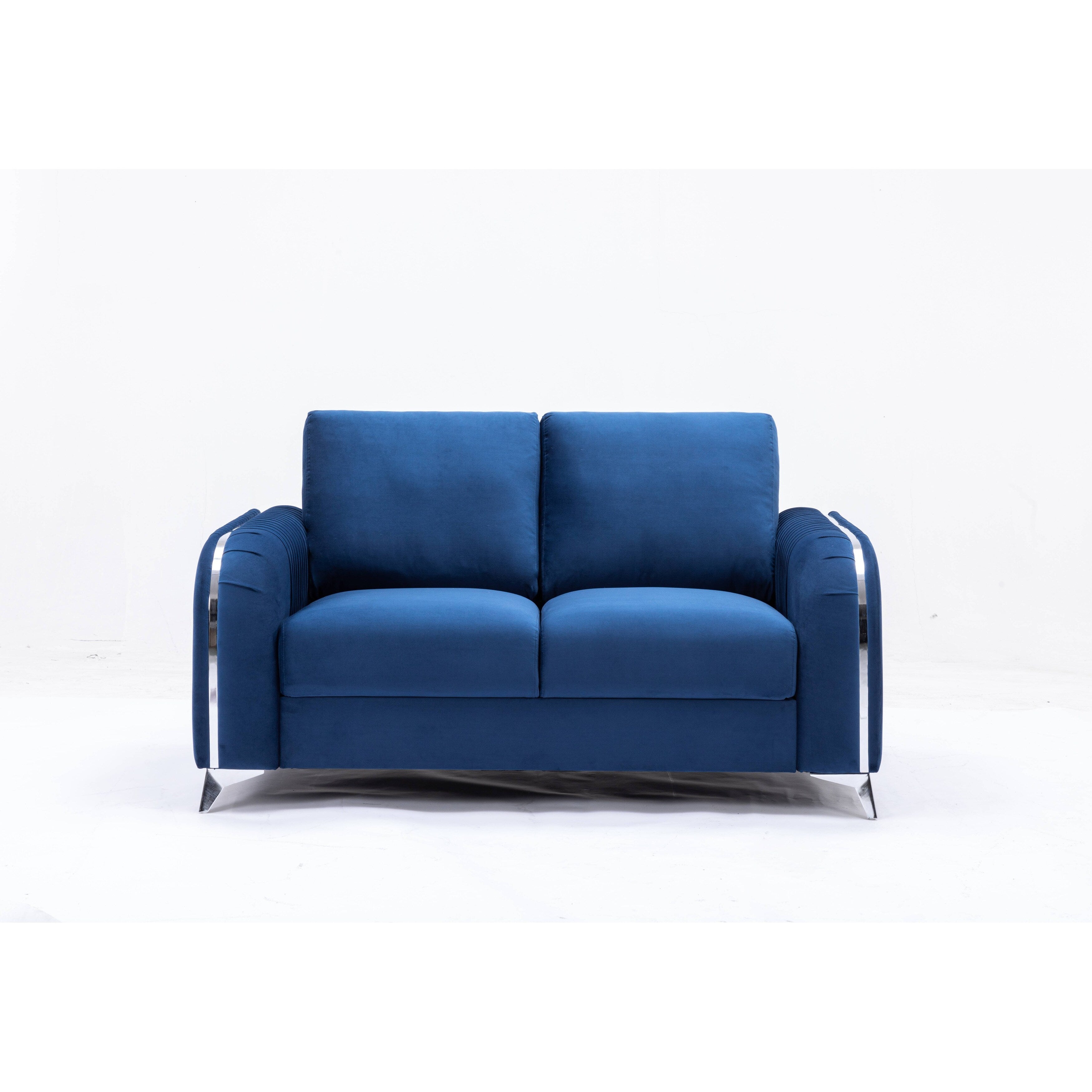 Canapé causeuse en velours bleu avec plis verticaux et pieds chromés