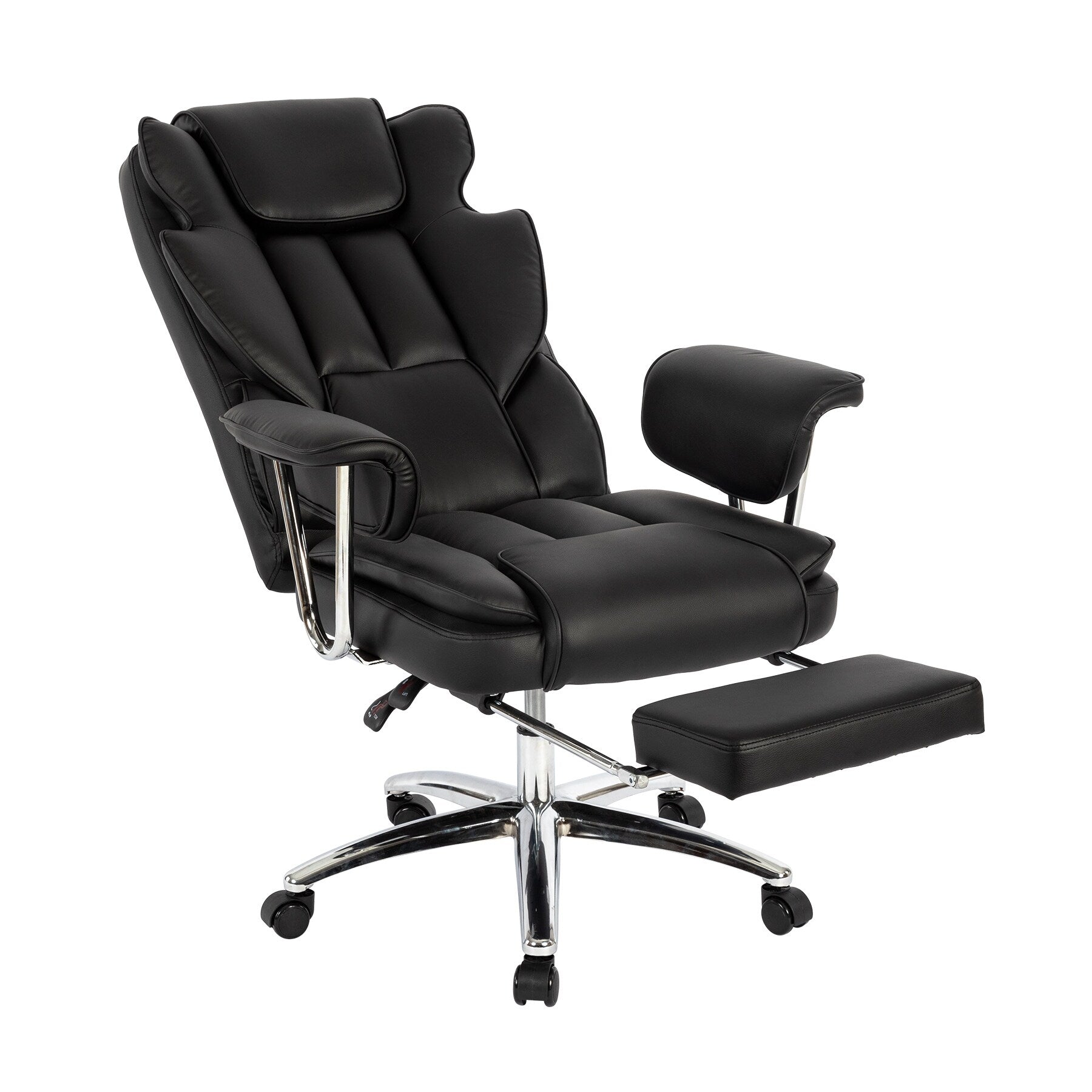 Fauteuil de bureau inclinable ergonomique pivotant à 360° en cuir reconstitué avec dossier haut et support lombaire, repose-pieds et hauteur réglable