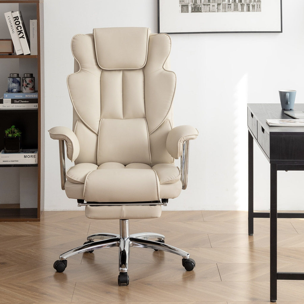 Fauteuil de bureau inclinable ergonomique pivotant à 360° en cuir reconstitué avec dossier haut et support lombaire, repose-pieds et hauteur réglable