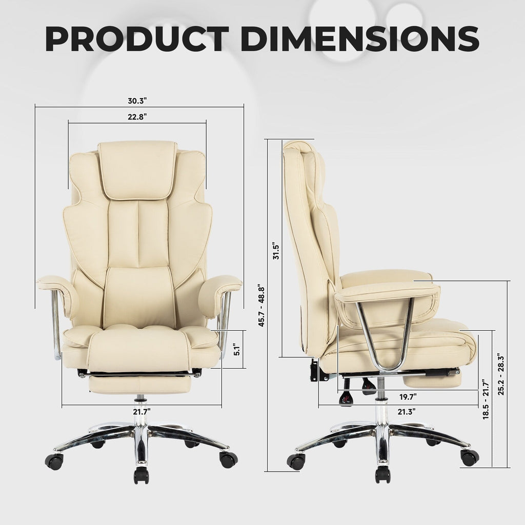 Fauteuil de bureau inclinable ergonomique pivotant à 360° en cuir reconstitué avec dossier haut et support lombaire, repose-pieds et hauteur réglable