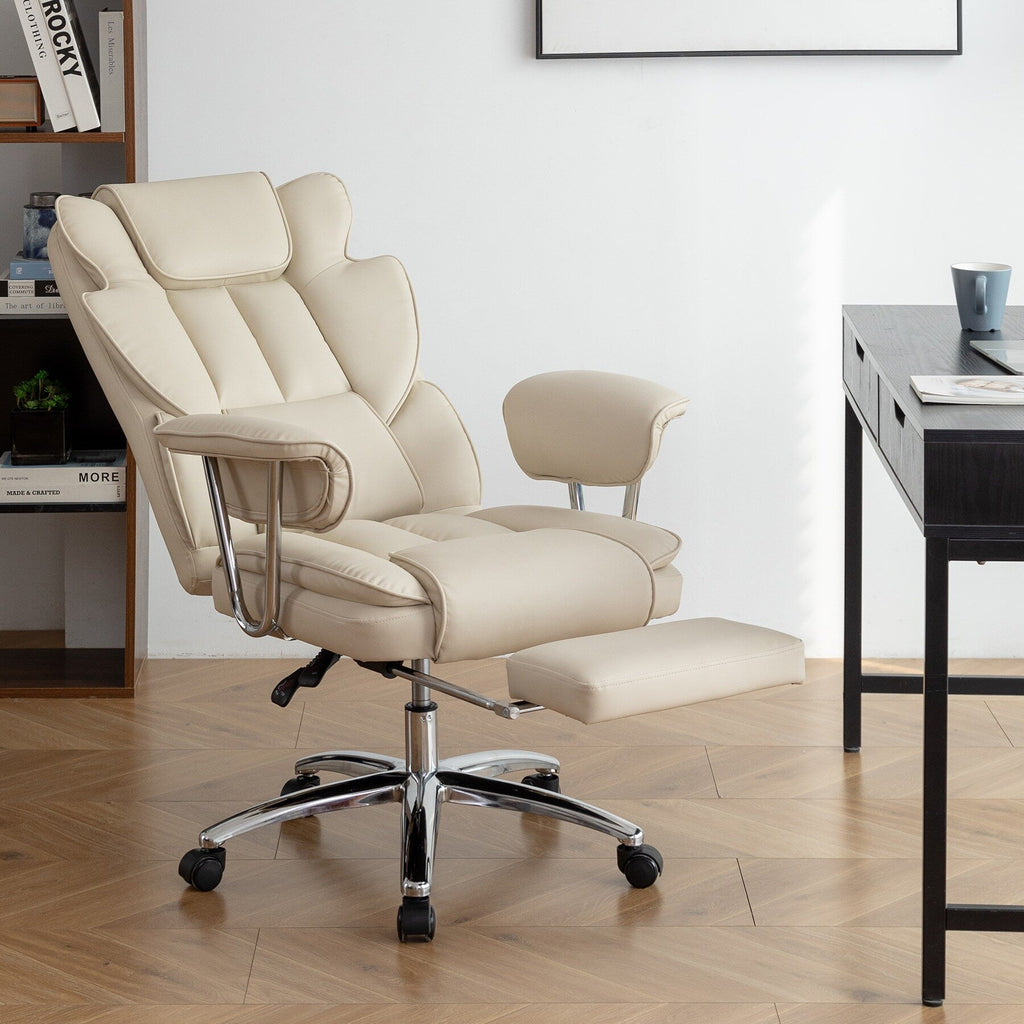 Fauteuil de bureau inclinable ergonomique pivotant à 360° en cuir reconstitué avec dossier haut et support lombaire, repose-pieds et hauteur réglable