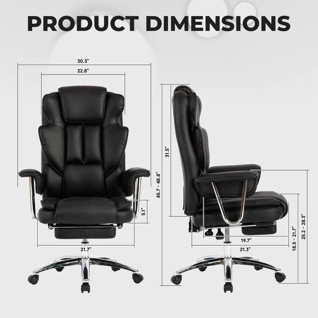 Fauteuil de bureau inclinable ergonomique pivotant à 360° en cuir reconstitué avec dossier haut et support lombaire, repose-pieds et hauteur réglable
