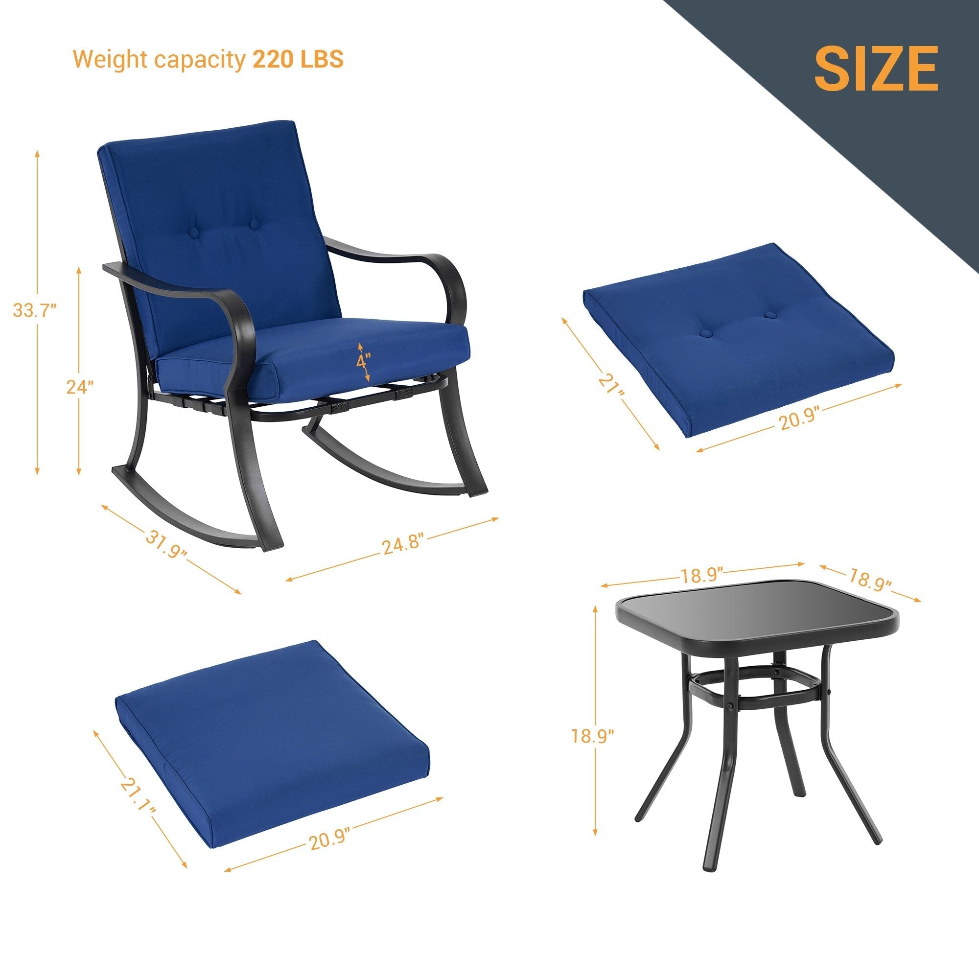 Ensemble de bistrot d'extérieur Bonosuki 3 pièces avec chaises à bascule et table d'appoint