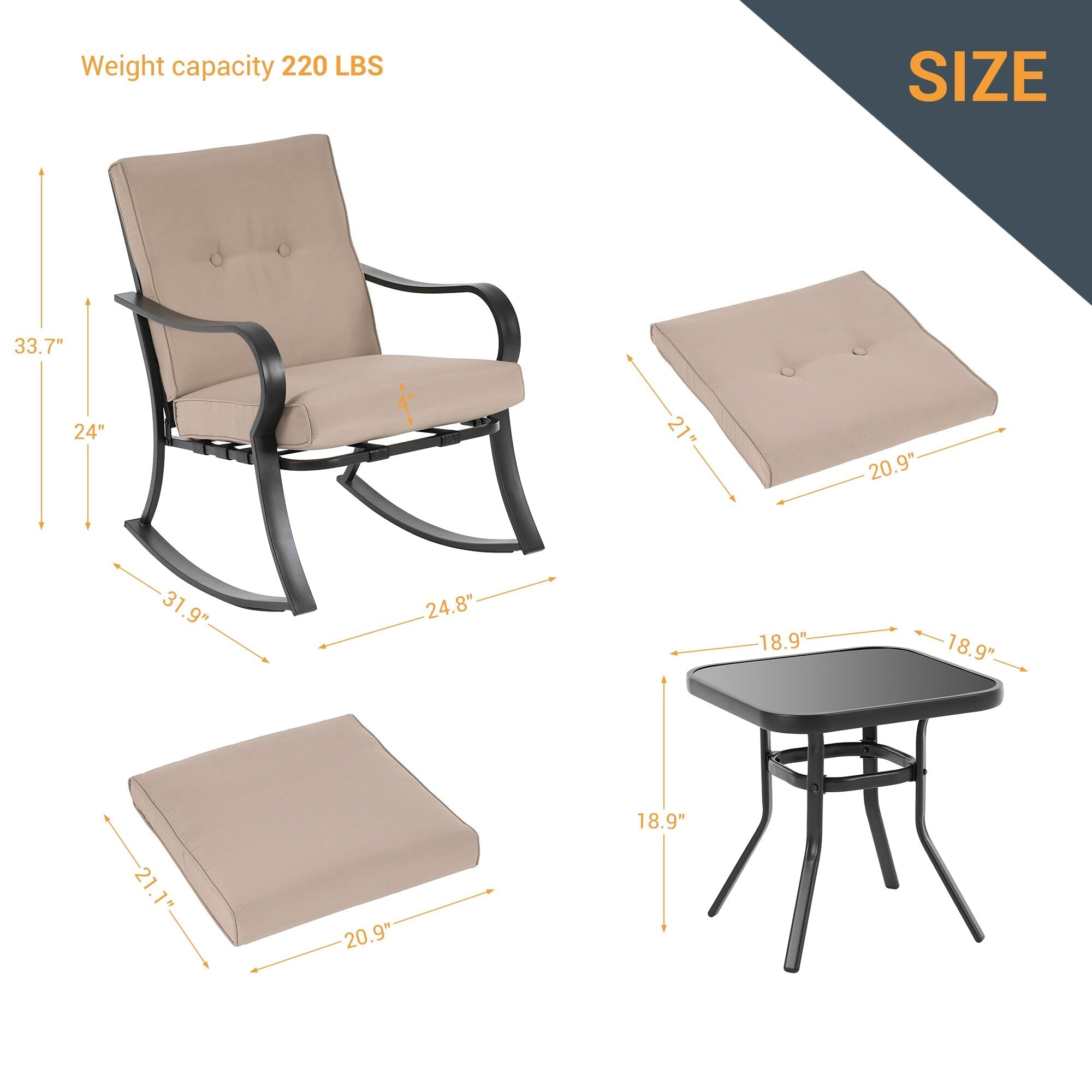 Ensemble de bistrot d'extérieur Bonosuki 3 pièces avec chaises à bascule et table d'appoint