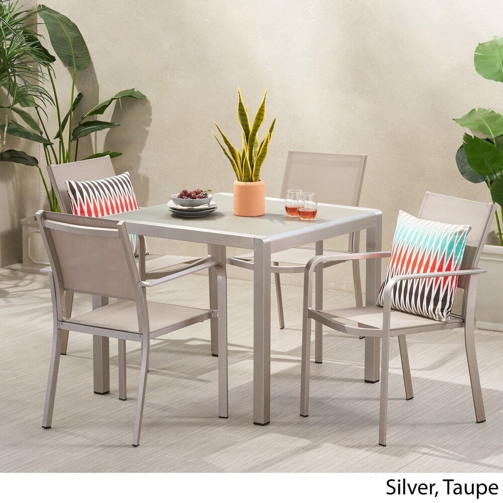 Ensemble de salle à manger d'extérieur moderne Boris 4 places en aluminium avec plateau en imitation bois par Christopher Knight Home