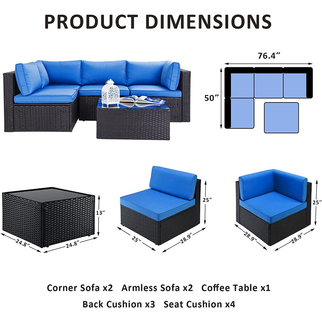 Ensemble de meubles de jardin Bossin 5 pièces, canapé de patio, ensemble de conversation extérieur intérieur en osier avec table