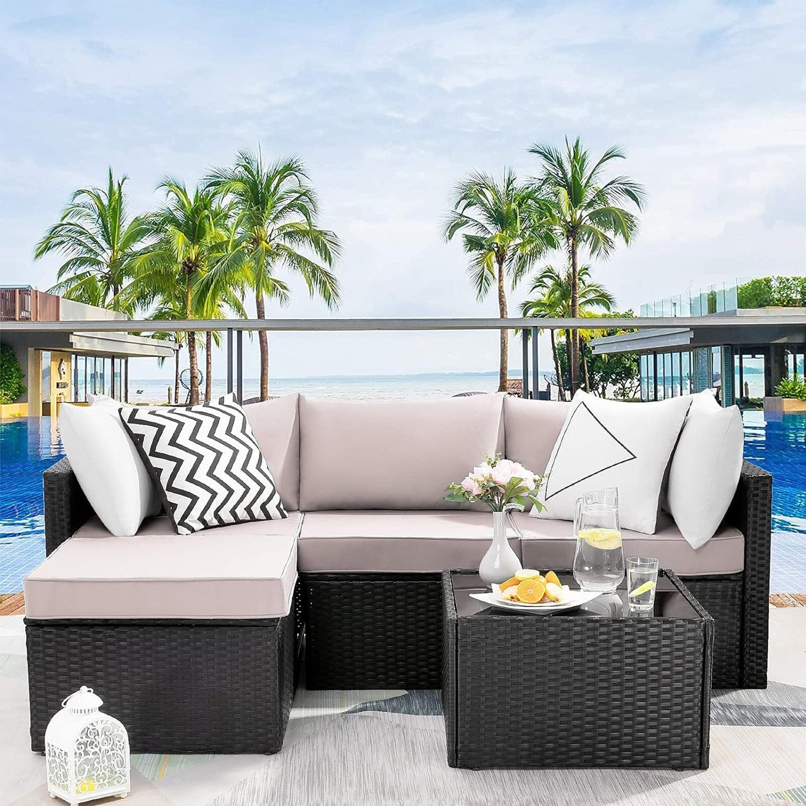 Ensemble de meubles de jardin Bossin 5 pièces, canapé de patio, ensemble de conversation extérieur intérieur en osier avec table