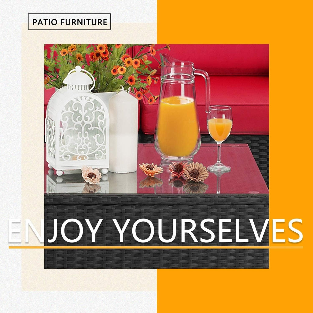 Ensemble de meubles de jardin Bossin 7 pièces, canapé d'extérieur sectionnel, canapé en rotin avec coussins lavables et table en verre