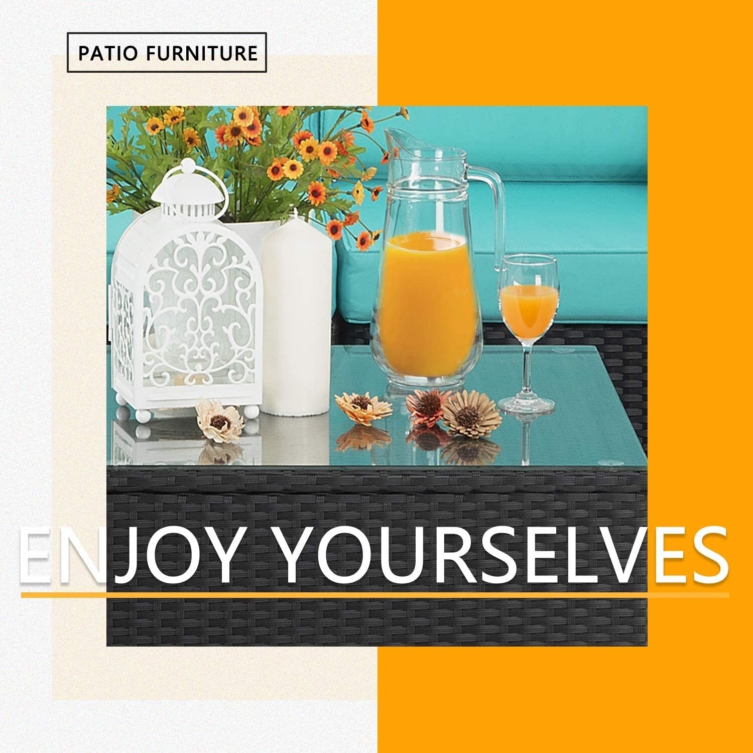 Ensemble de meubles de jardin Bossin 7 pièces, canapé d'extérieur sectionnel, canapé en rotin avec coussins lavables et table en verre