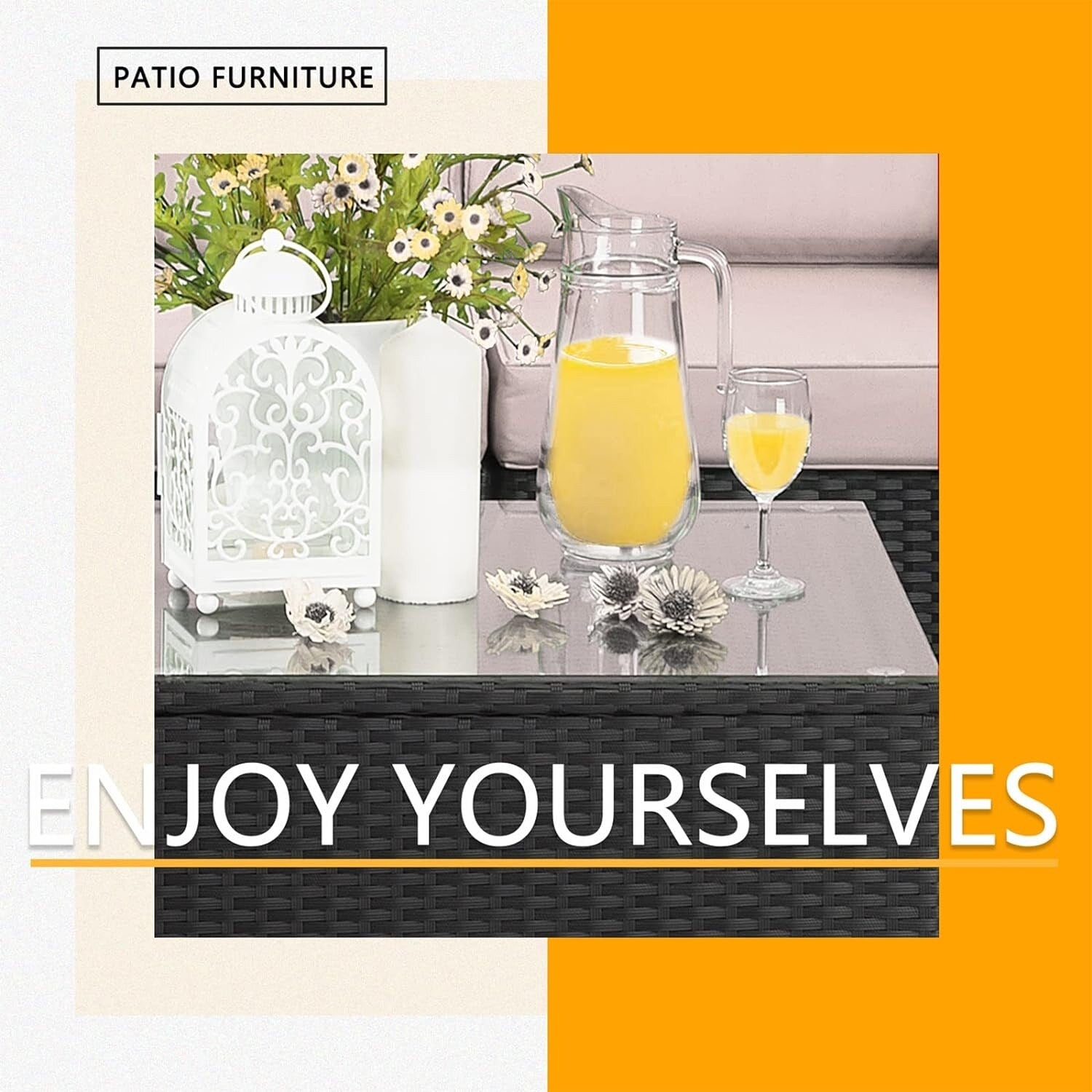 Ensemble de meubles de jardin Bossin 7 pièces, canapé d'extérieur sectionnel, canapé en rotin avec coussins lavables et table en verre