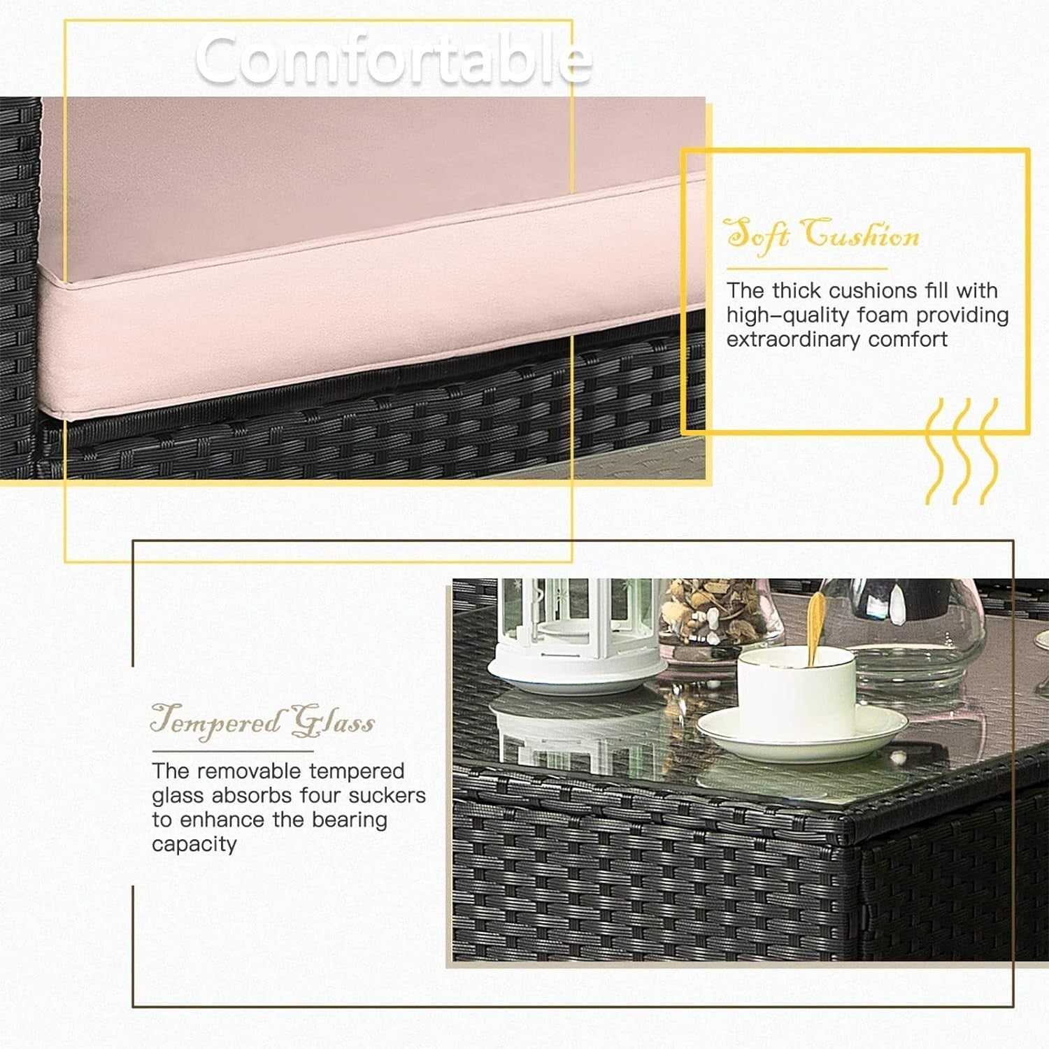 Ensemble de meubles de jardin Bossin 7 pièces, canapé d'extérieur sectionnel, canapé en rotin avec coussins lavables et table en verre