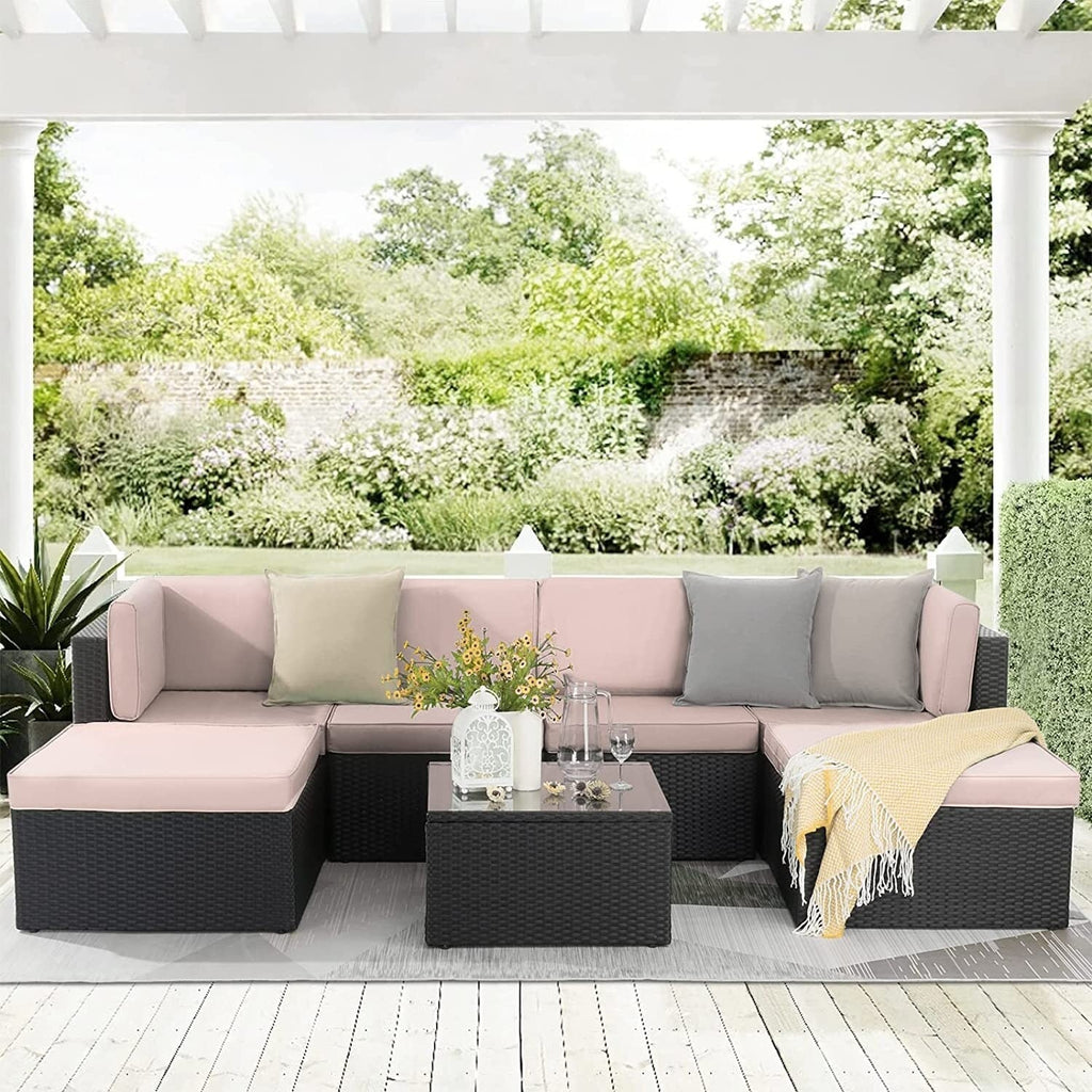 Ensemble de meubles de jardin Bossin 7 pièces, canapé d'extérieur sectionnel, canapé en rotin avec coussins lavables et table en verre