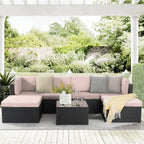 Ensemble de meubles de jardin Bossin 7 pièces, canapé d'extérieur sectionnel, canapé en rotin avec coussins lavables et table en verre