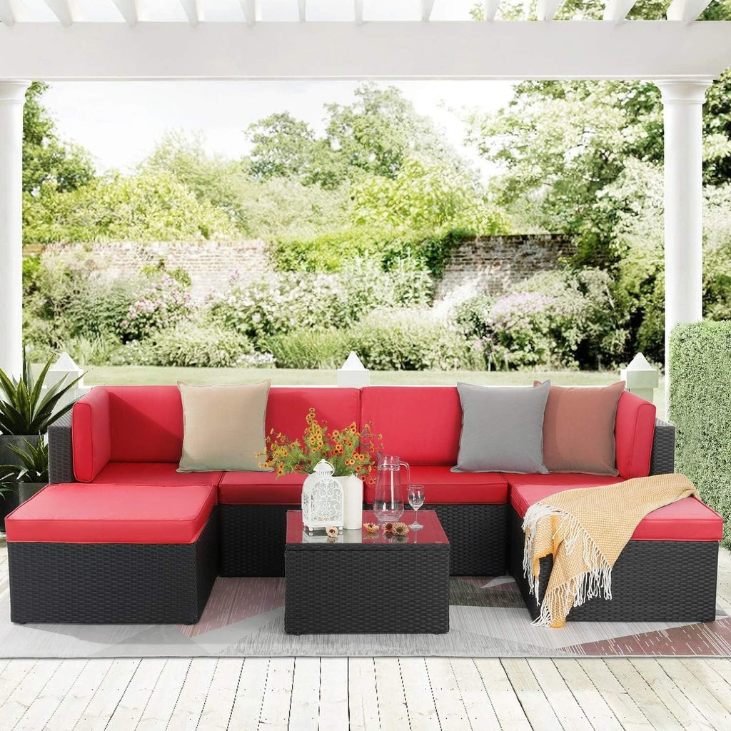 Ensemble de meubles de jardin Bossin 7 pièces, canapé d'extérieur sectionnel, canapé en rotin avec coussins lavables et table en verre