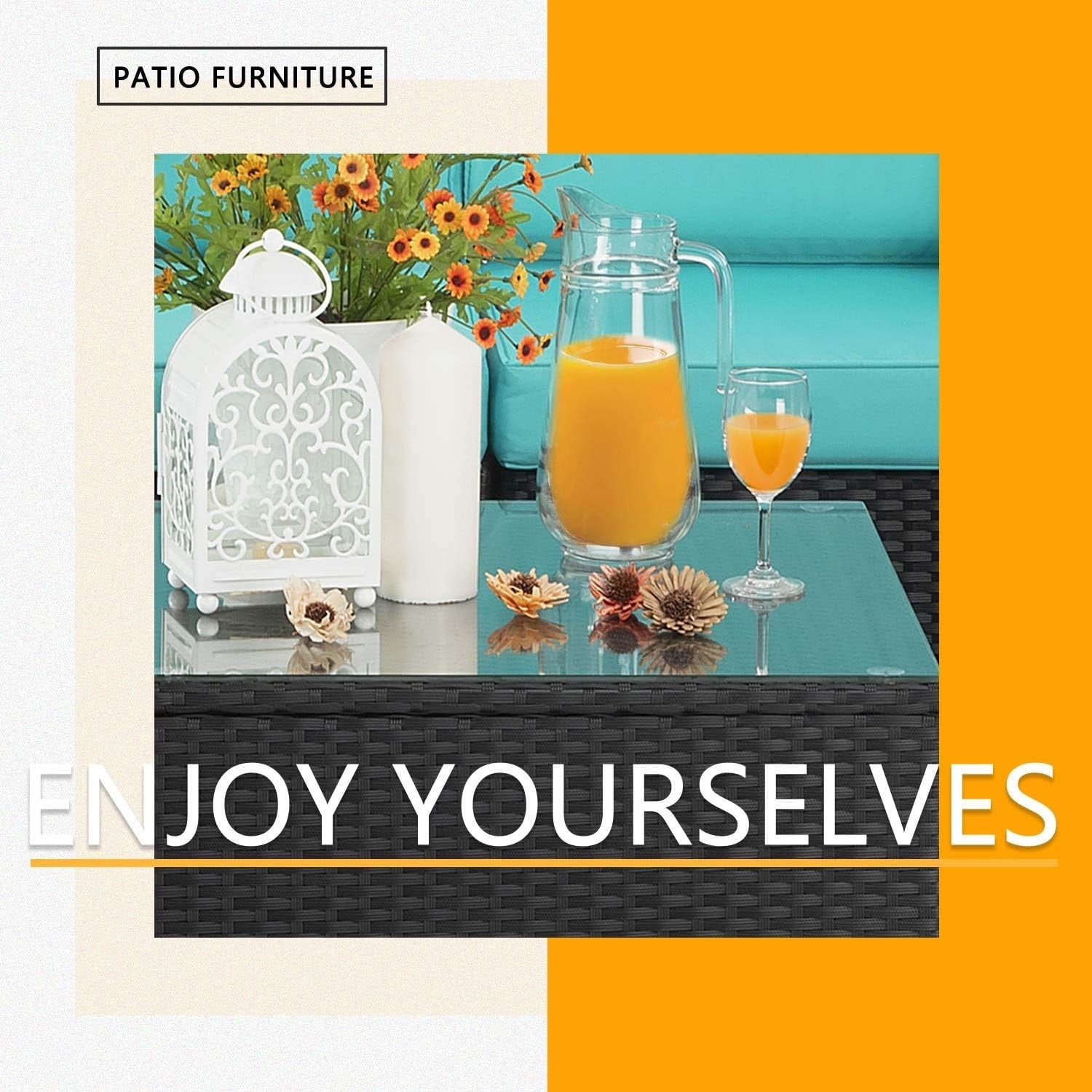 Ensemble de meubles de jardin Bossin 7 pièces, canapé d'extérieur sectionnel, canapé en rotin avec coussins lavables et table en verre