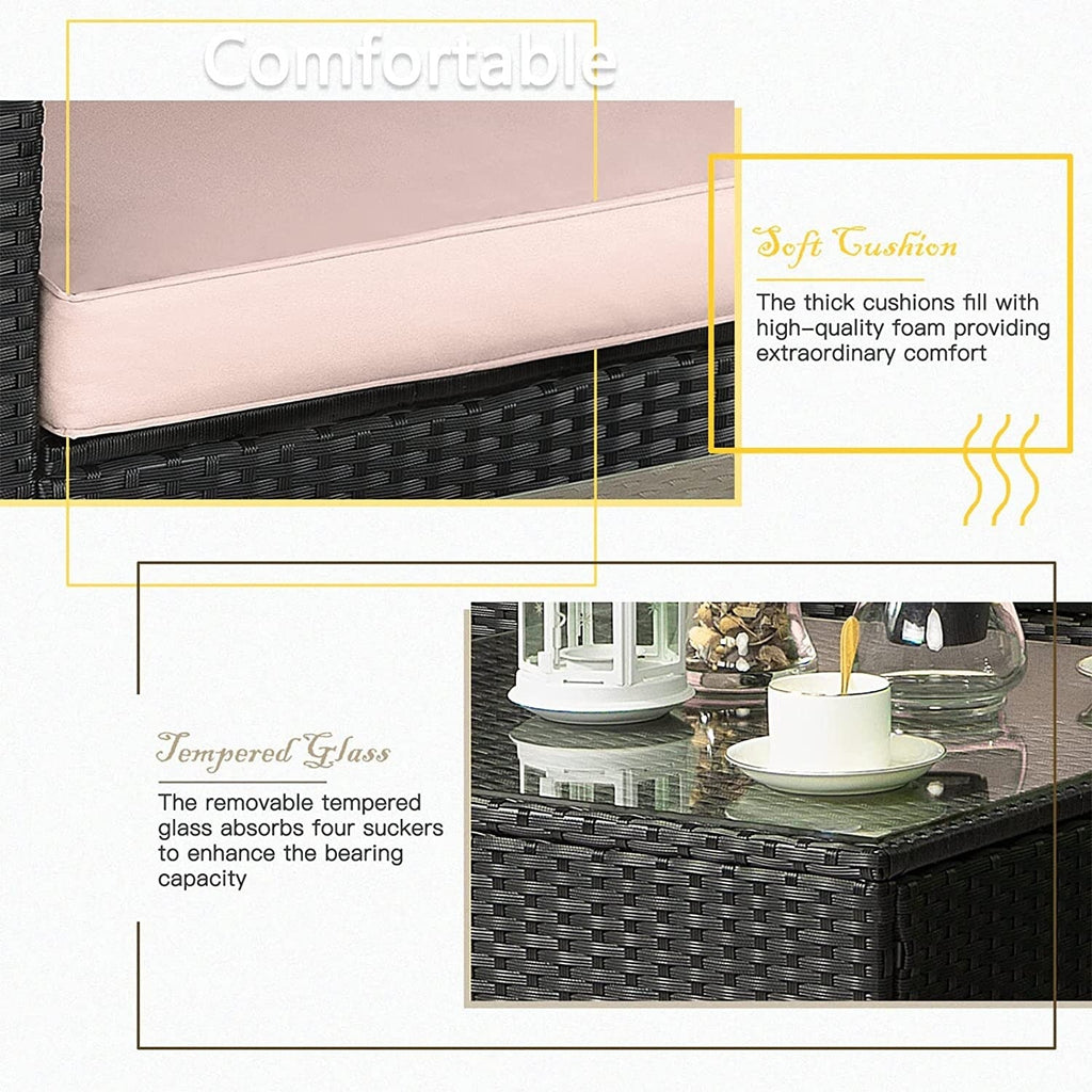 Ensemble de meubles de jardin Bossin 7 pièces, canapé d'extérieur sectionnel, canapé en rotin avec coussins lavables et table en verre