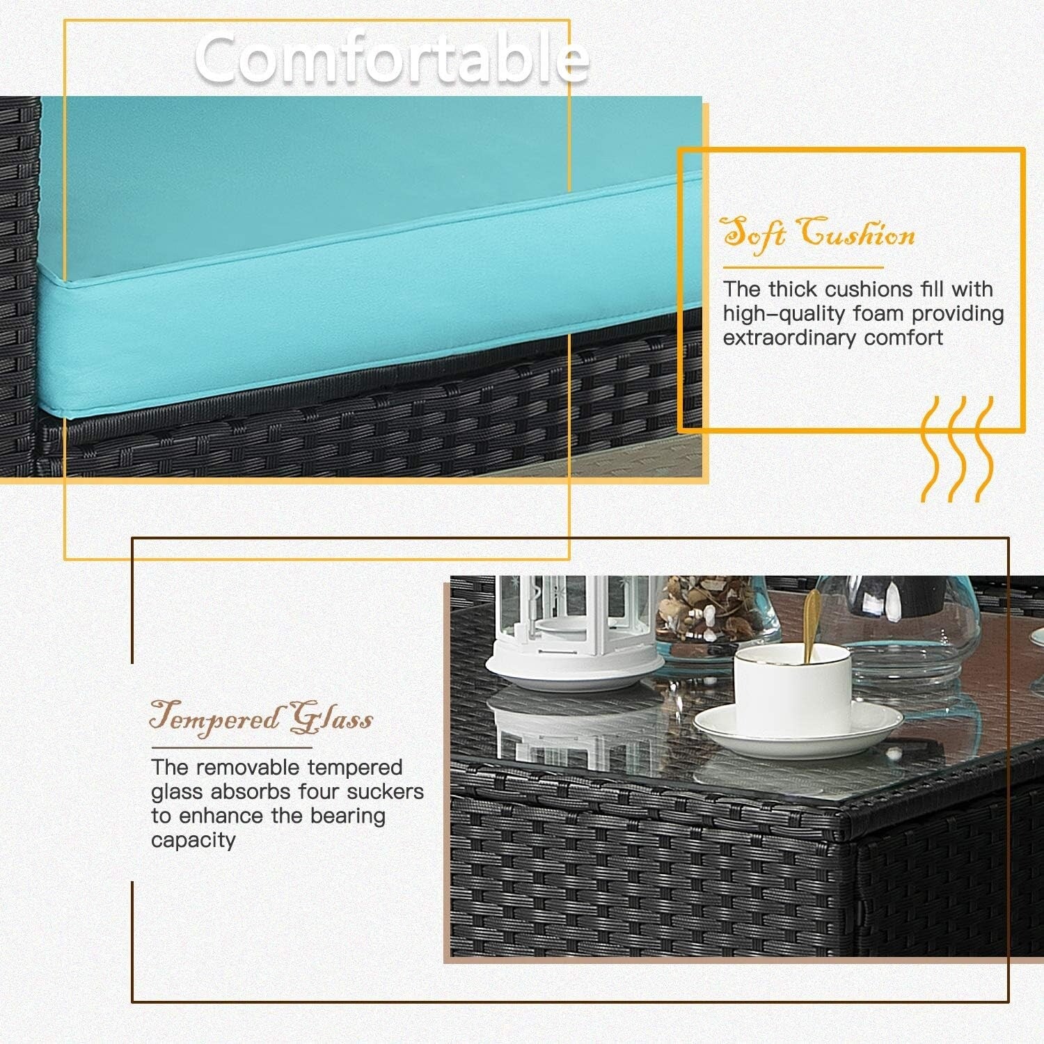 Ensemble de meubles de jardin Bossin 7 pièces, canapé d'extérieur sectionnel, canapé en rotin avec coussins lavables et table en verre