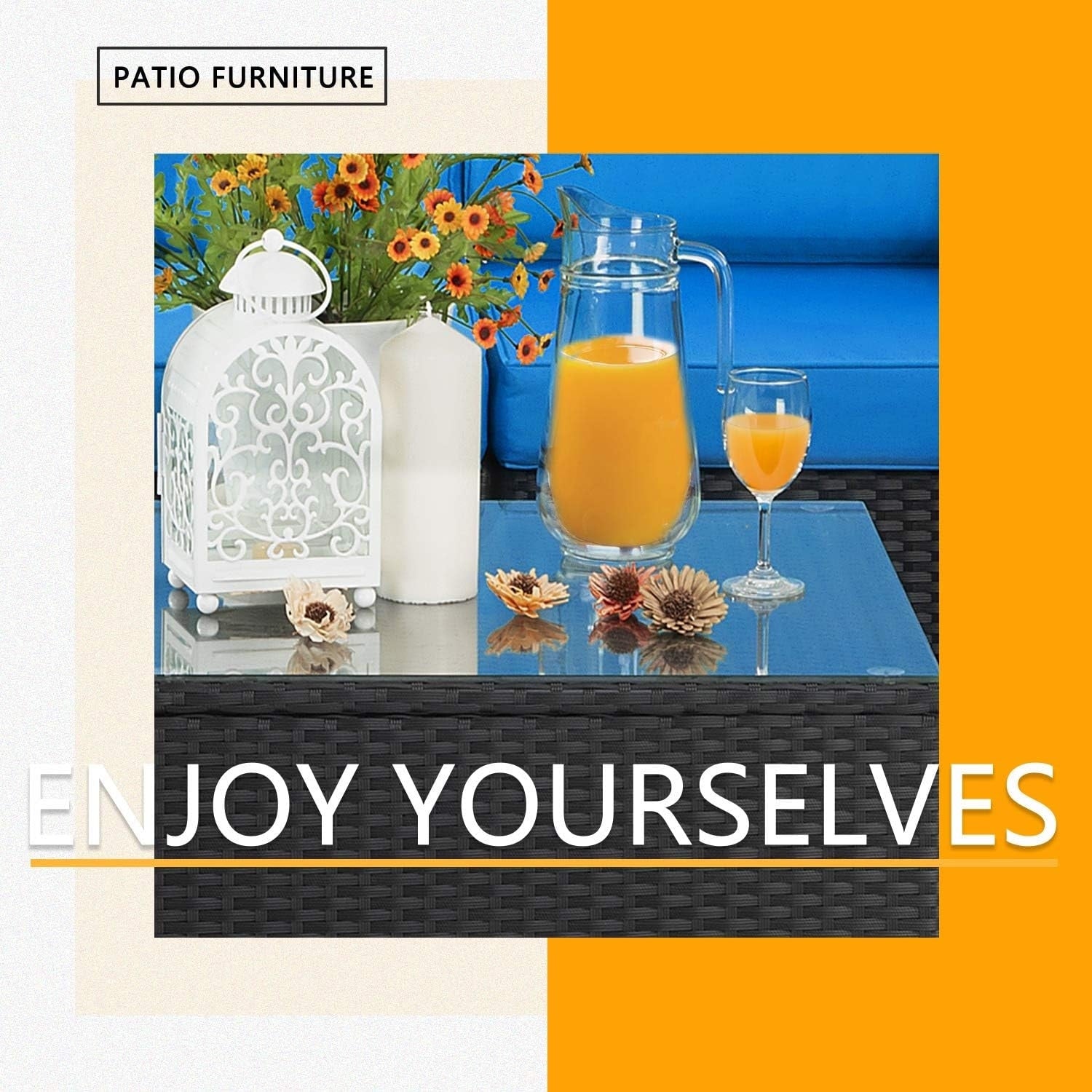 Ensemble de meubles de jardin Bossin 7 pièces, canapé d'extérieur sectionnel, canapé en rotin avec coussins lavables et table en verre