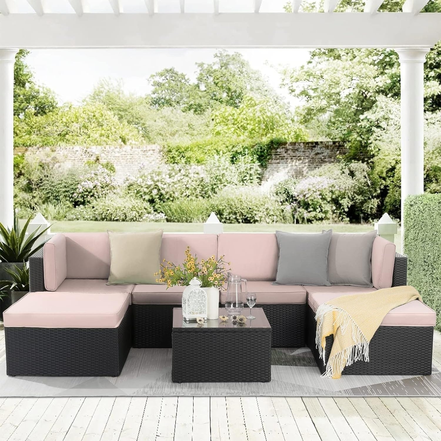 Ensemble de meubles de jardin Bossin 7 pièces, canapé d'extérieur sectionnel, canapé en rotin avec coussins lavables et table en verre