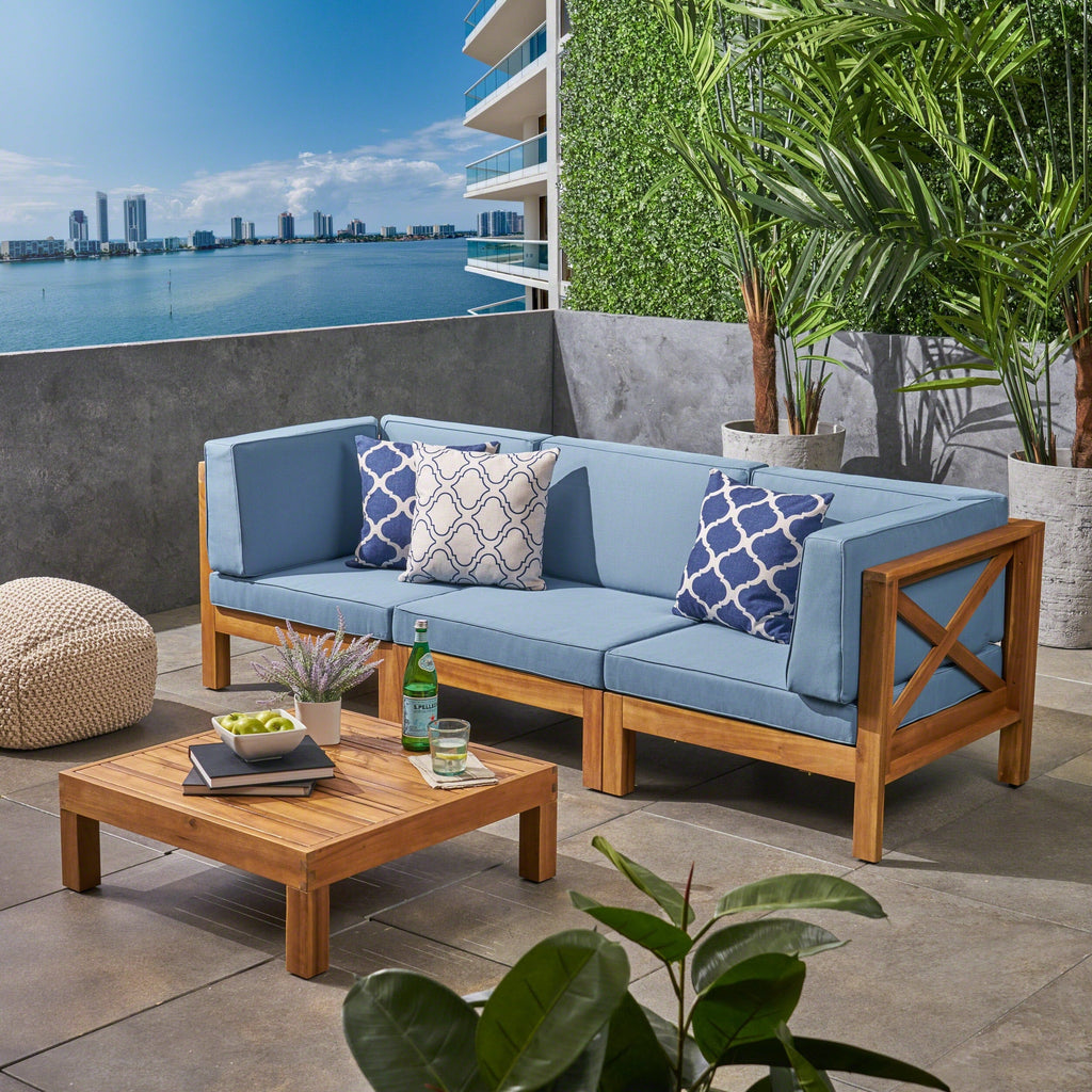 Ensemble de canapés d'extérieur 3 places en bois d'acacia Brava avec table basse et coussins par Christopher Knight Home