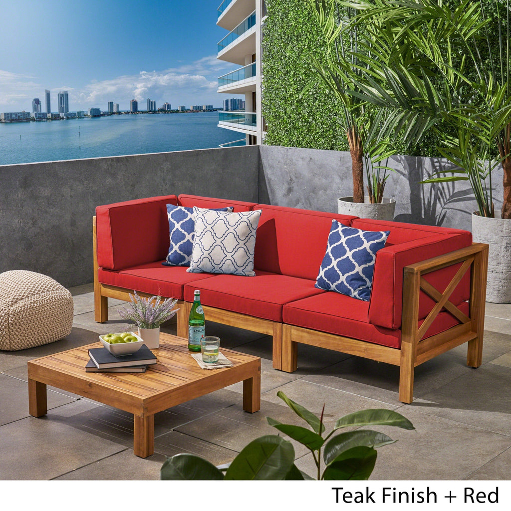 Ensemble de canapés d'extérieur 3 places en bois d'acacia Brava avec table basse et coussins par Christopher Knight Home