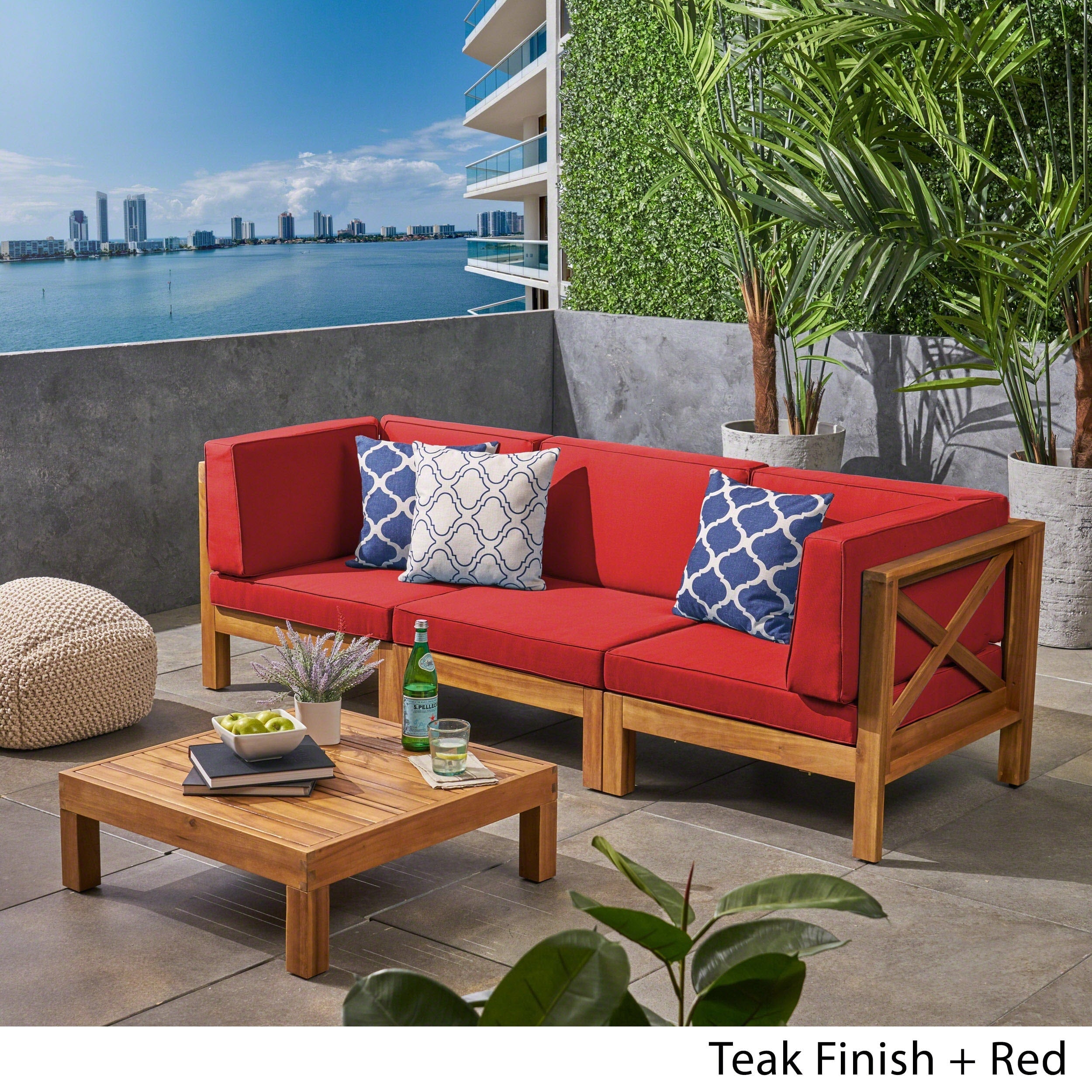 Ensemble de canapés d'extérieur 3 places en bois d'acacia Brava avec table basse et coussins par Christopher Knight Home