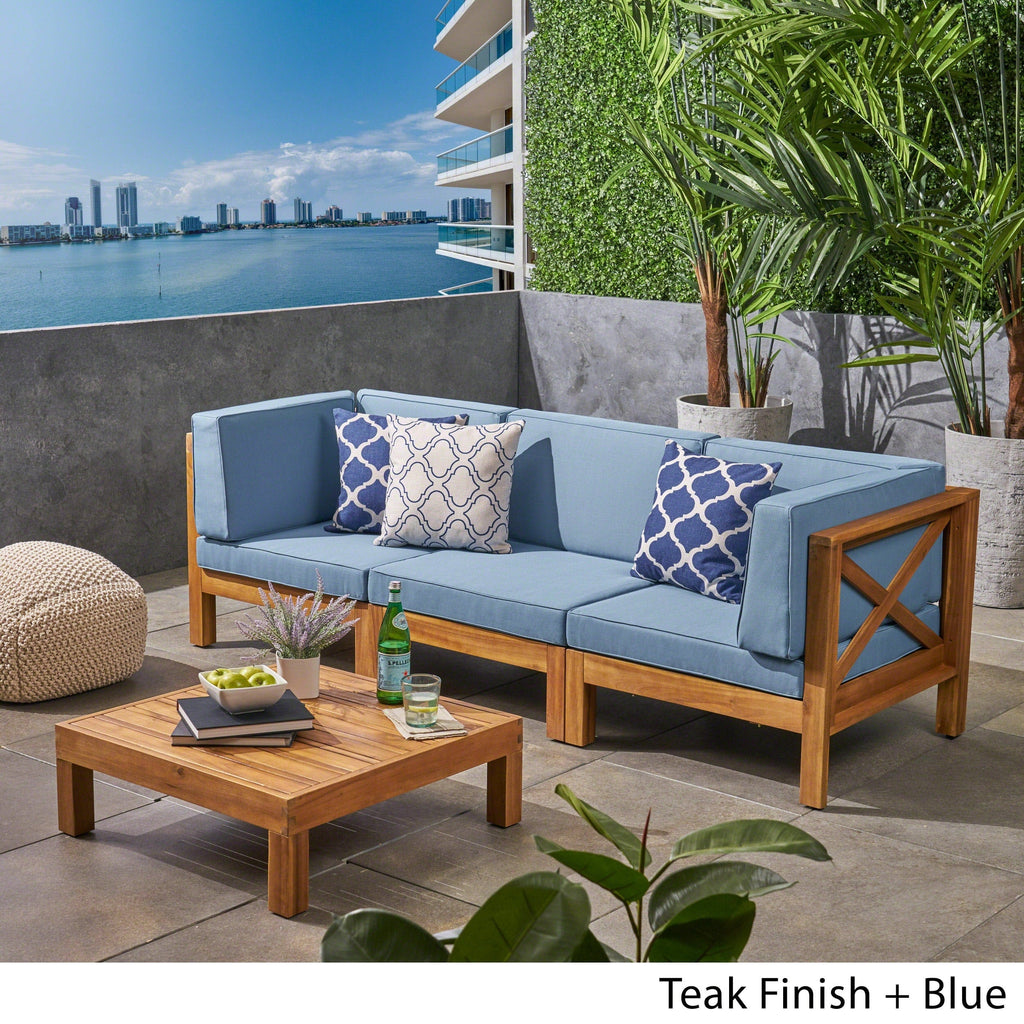 Ensemble de canapés d'extérieur 3 places en bois d'acacia Brava avec table basse et coussins par Christopher Knight Home