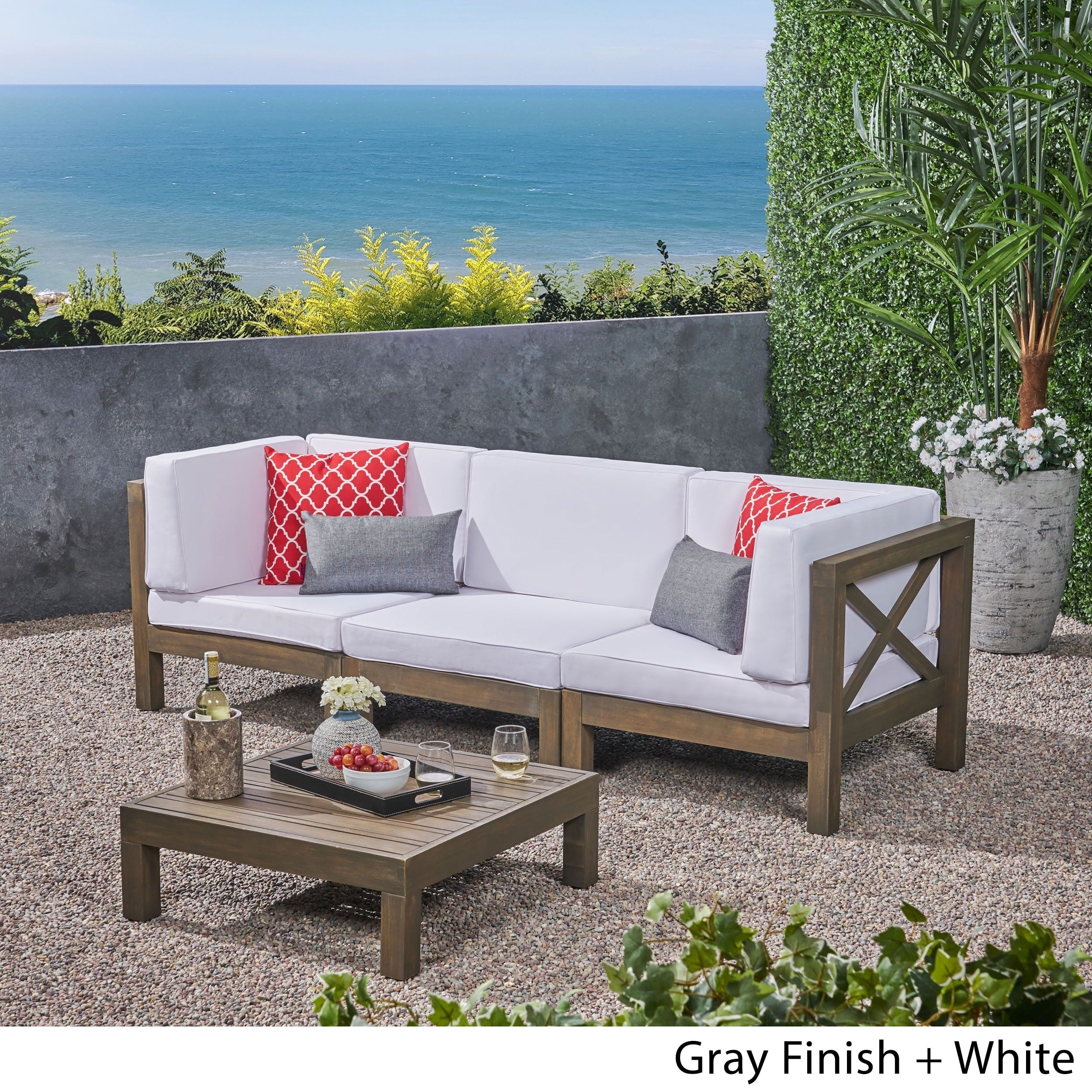 Ensemble de canapés d'extérieur 3 places en bois d'acacia Brava avec table basse et coussins par Christopher Knight Home