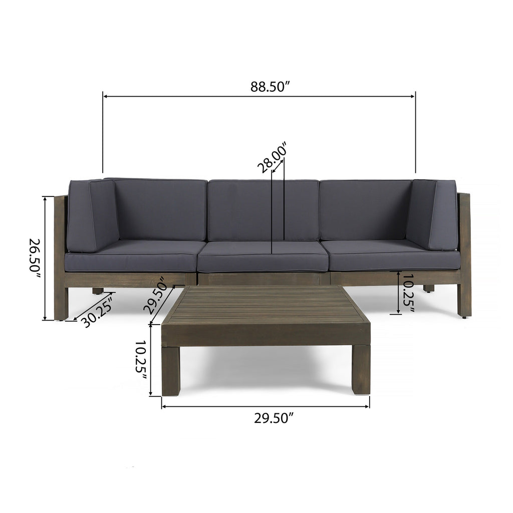 Ensemble de canapés d'extérieur 3 places en bois d'acacia Brava avec table basse et coussins par Christopher Knight Home