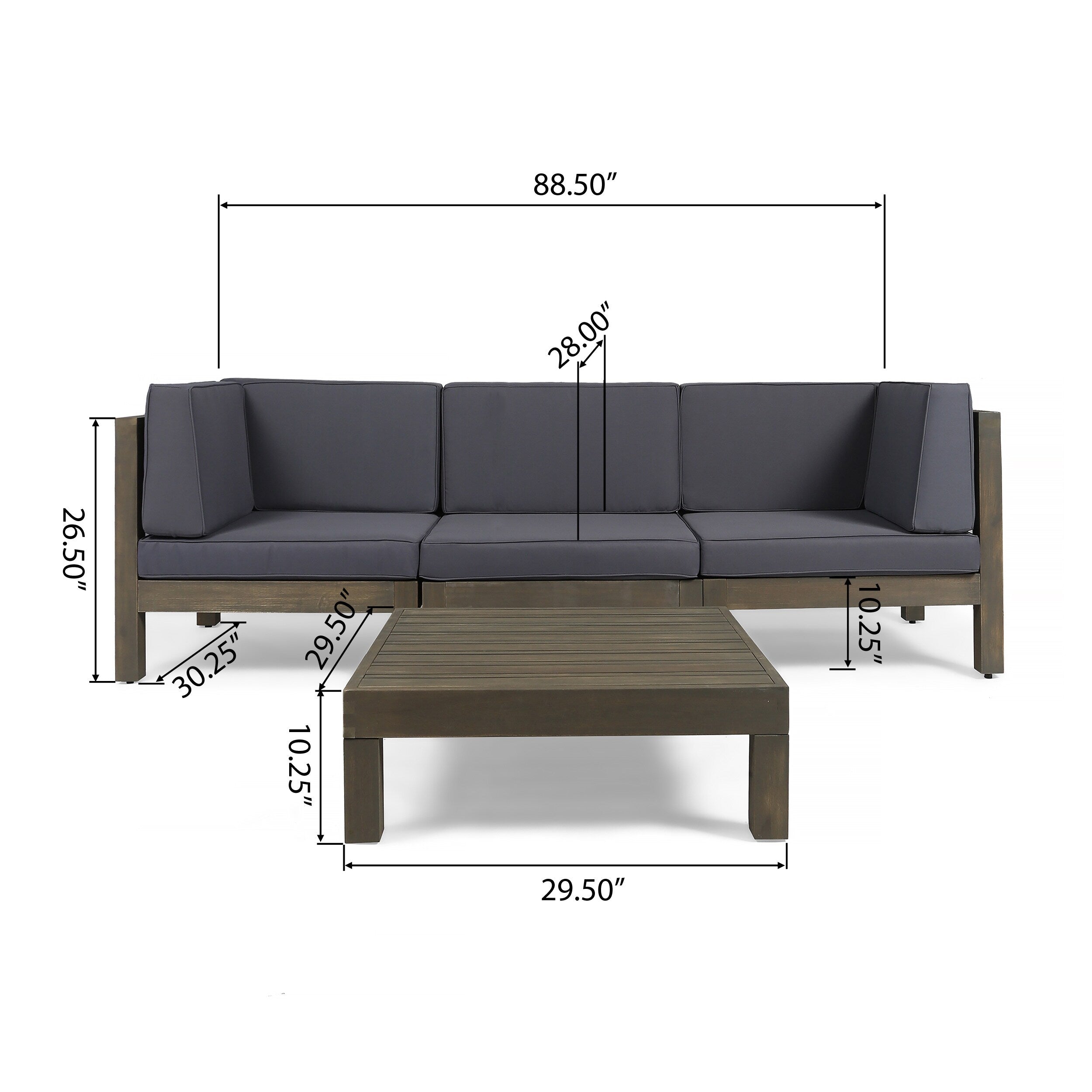 Ensemble de canapés d'extérieur 3 places en bois d'acacia Brava avec table basse et coussins par Christopher Knight Home