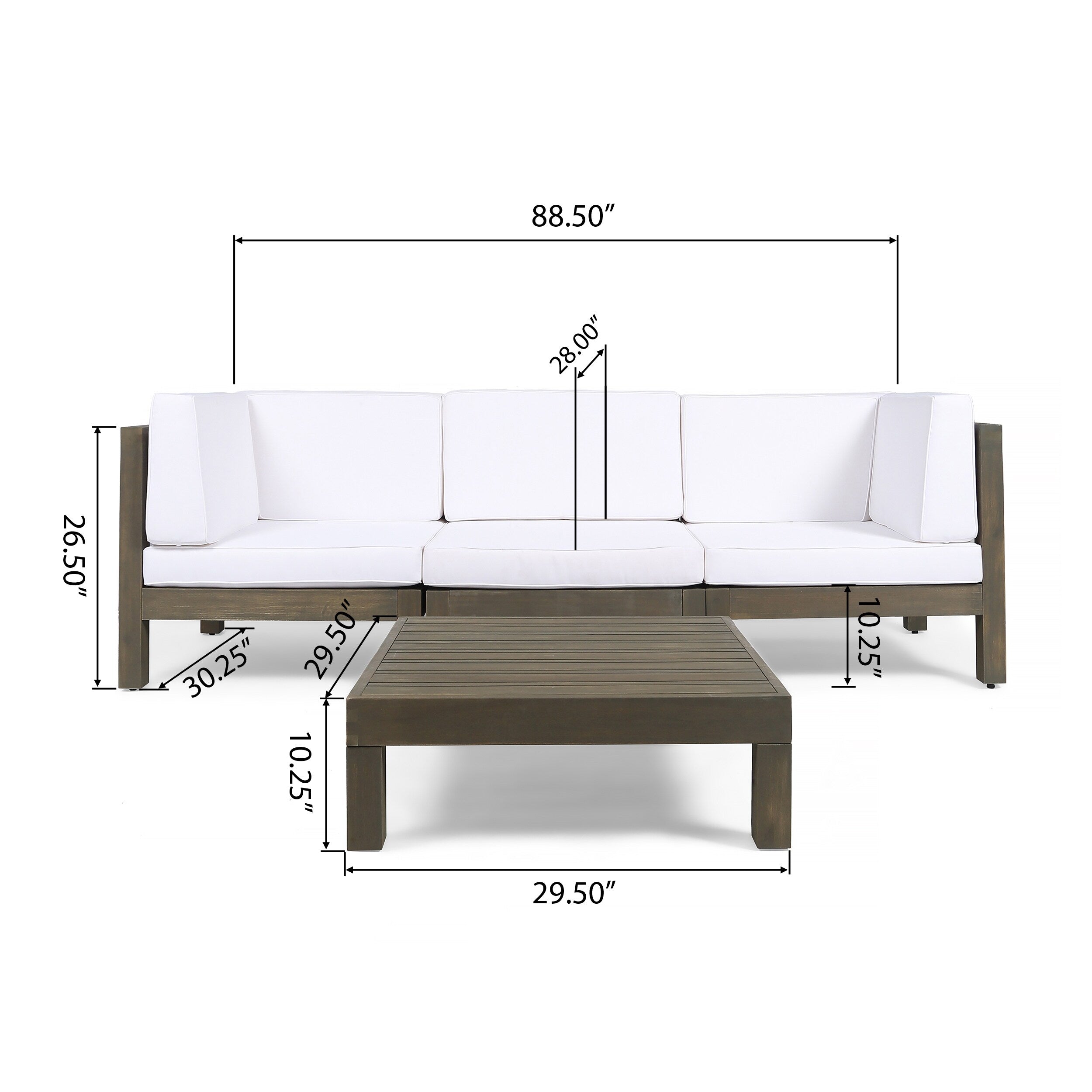 Ensemble de canapés d'extérieur 3 places en bois d'acacia Brava avec table basse et coussins par Christopher Knight Home