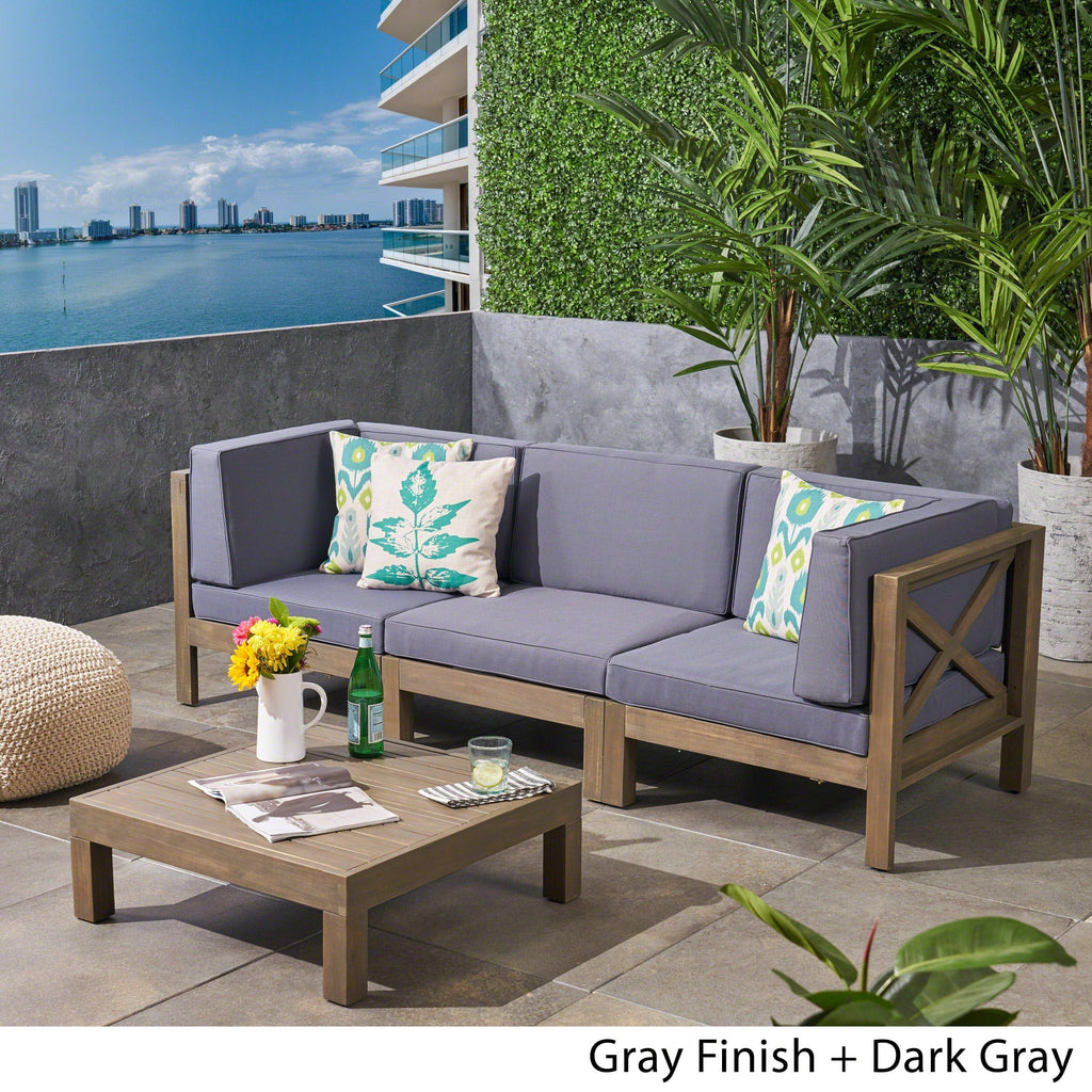 Ensemble de canapés d'extérieur 3 places en bois d'acacia Brava avec table basse et coussins par Christopher Knight Home