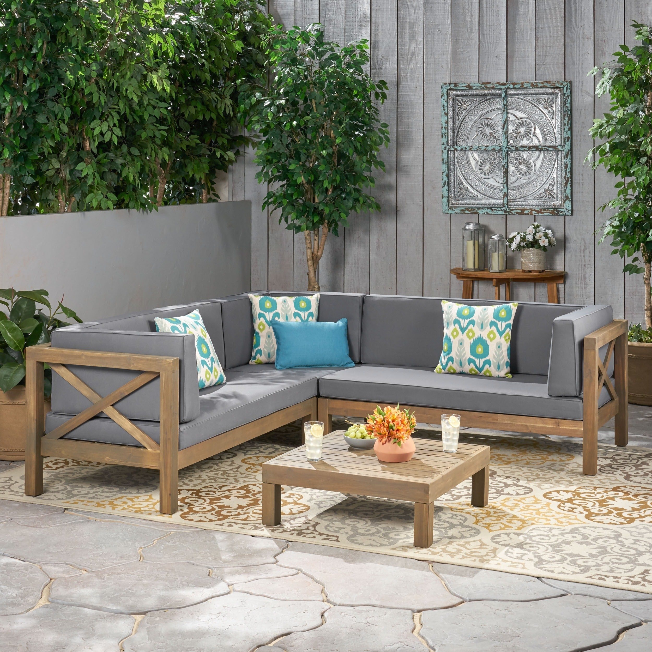 Ensemble de salon de jardin sectionnel Brava Acacia par Christopher Knight Home - 88,50 L x 88,50 l x 26,50 H