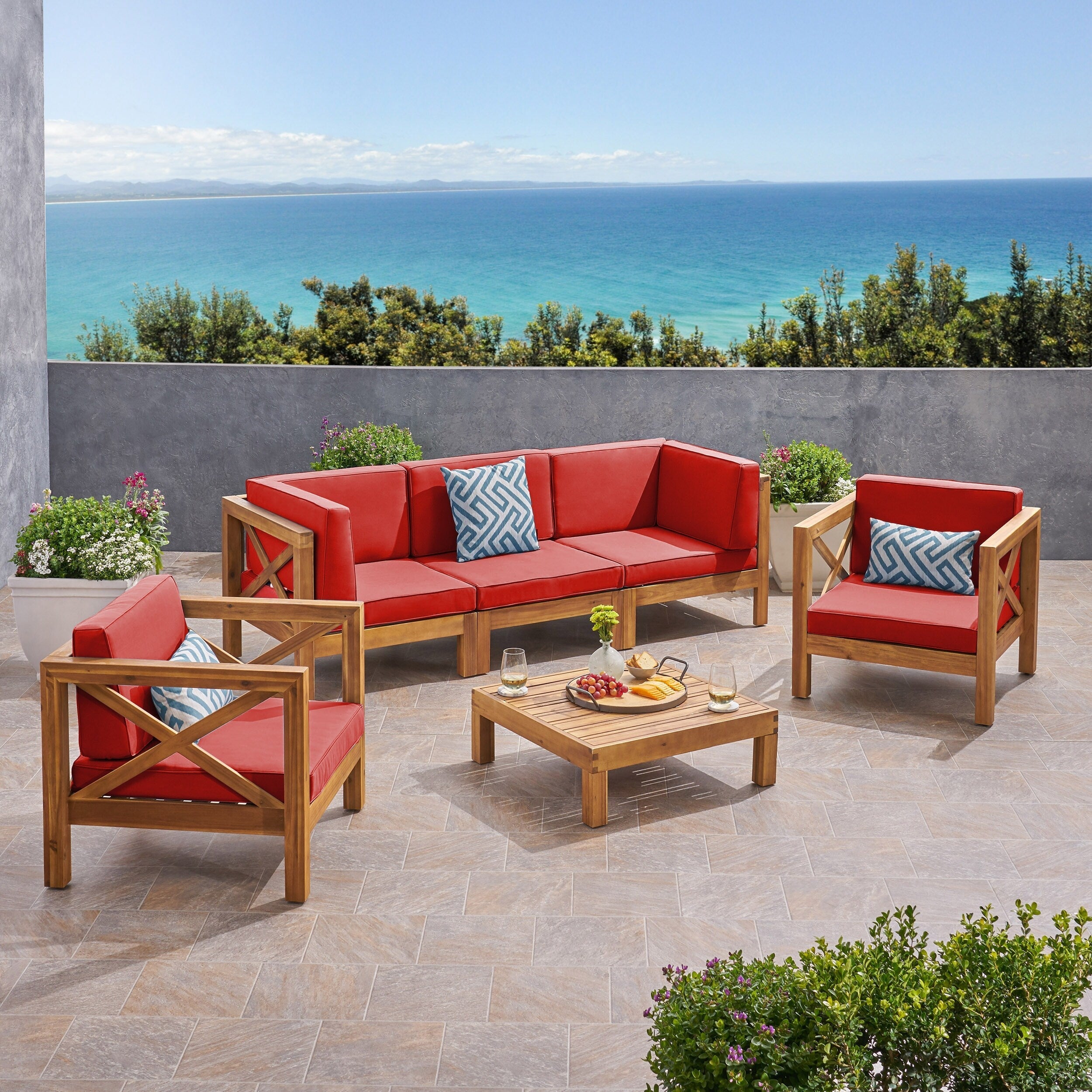 Ensemble de conversation d'extérieur Brava en bois d'acacia 6 pièces par Christopher Knight Home