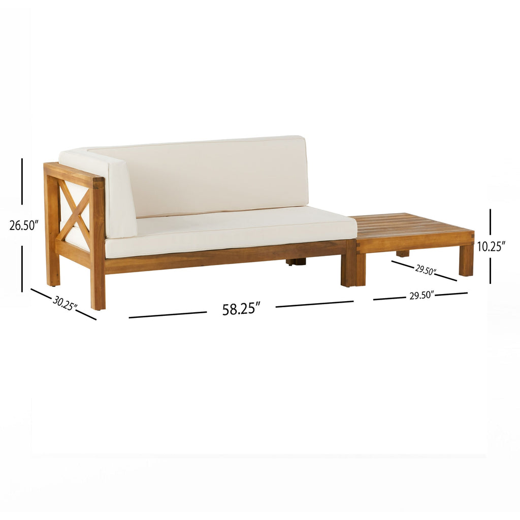 Ensemble causeuse et table basse d'extérieur Brava en bois d'acacia avec accoudoir gauche et coussin par Christopher Knight Home