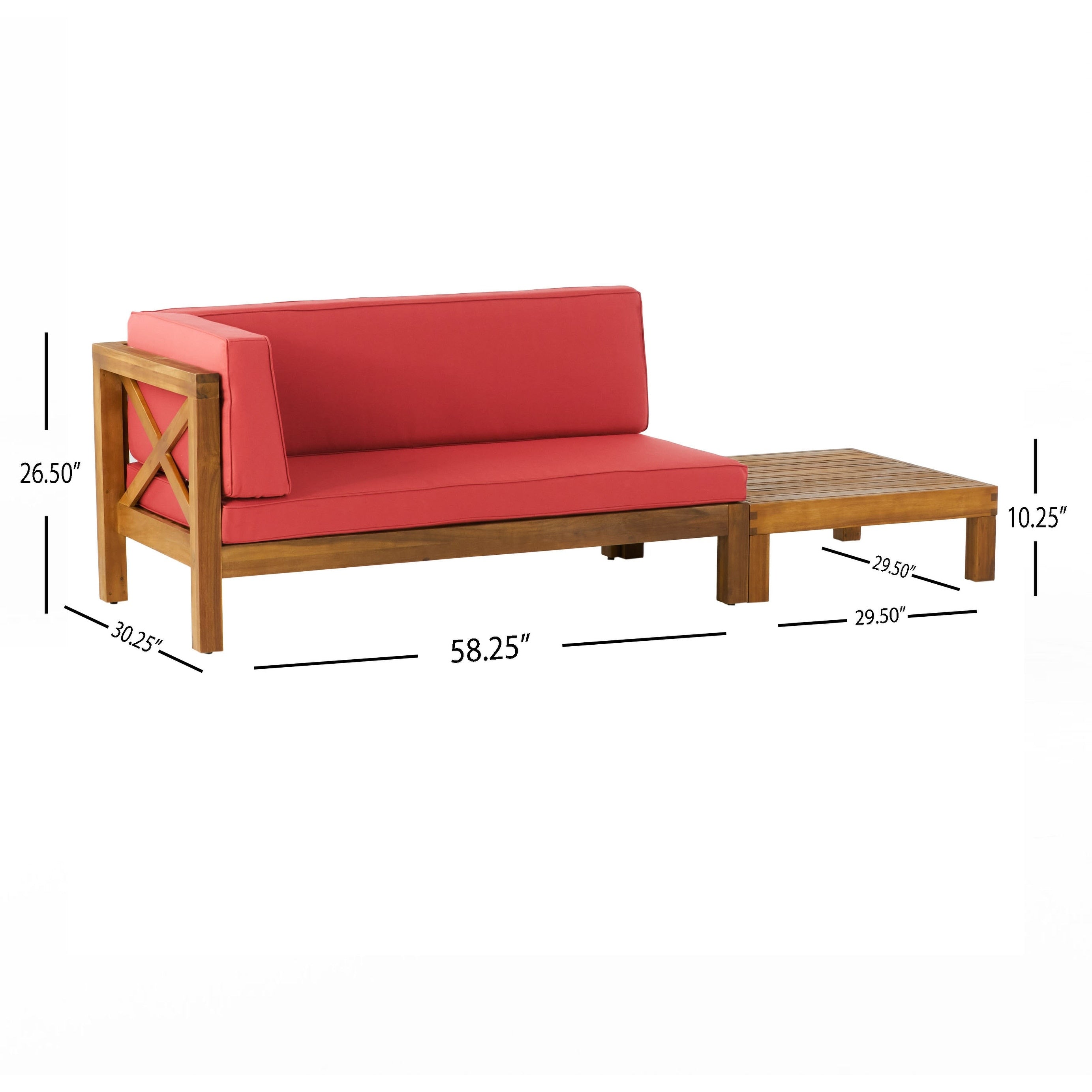 Ensemble causeuse et table basse d'extérieur Brava en bois d'acacia avec accoudoir gauche et coussin par Christopher Knight Home