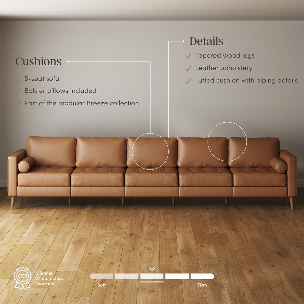 Canapé Breeze Mid-Century Modern, canapé en cuir avec coussin capitonné et cadre en bois massif