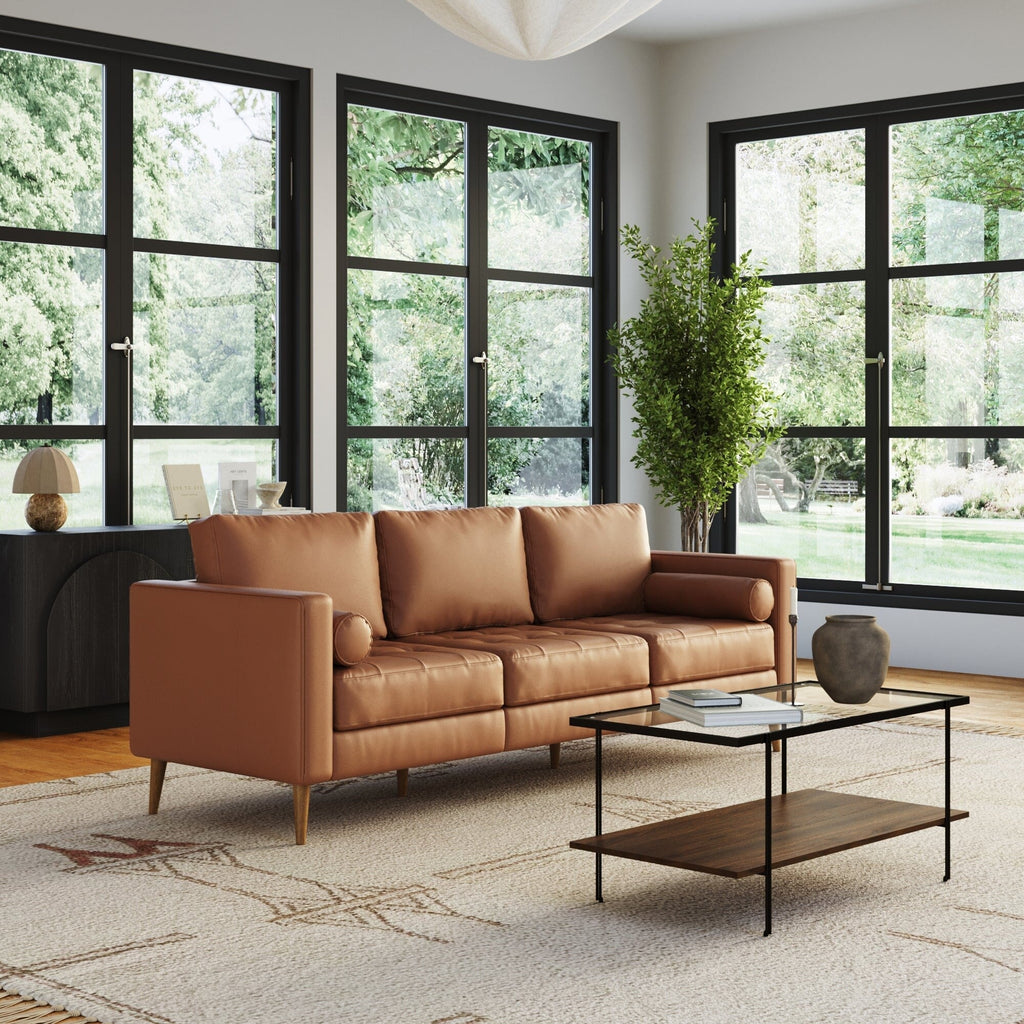 Canapé Breeze Mid-Century Modern, canapé en cuir avec coussin capitonné et cadre en bois massif