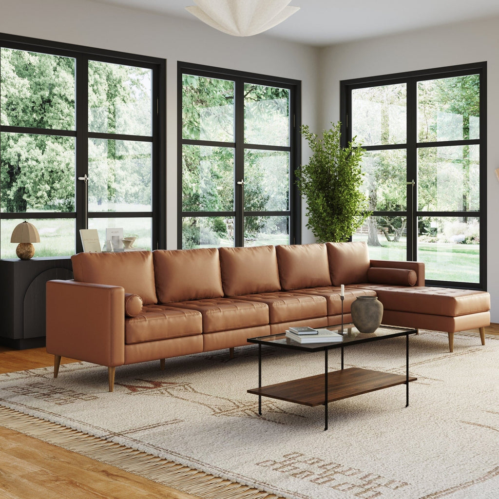 Canapé Breeze Mid-Century Modern, canapé en cuir avec coussin capitonné et cadre en bois massif