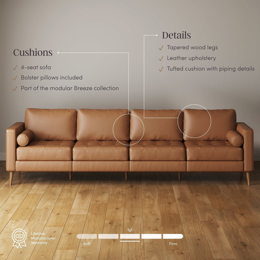 Canapé Breeze Mid-Century Modern, canapé en cuir avec coussin capitonné et cadre en bois massif