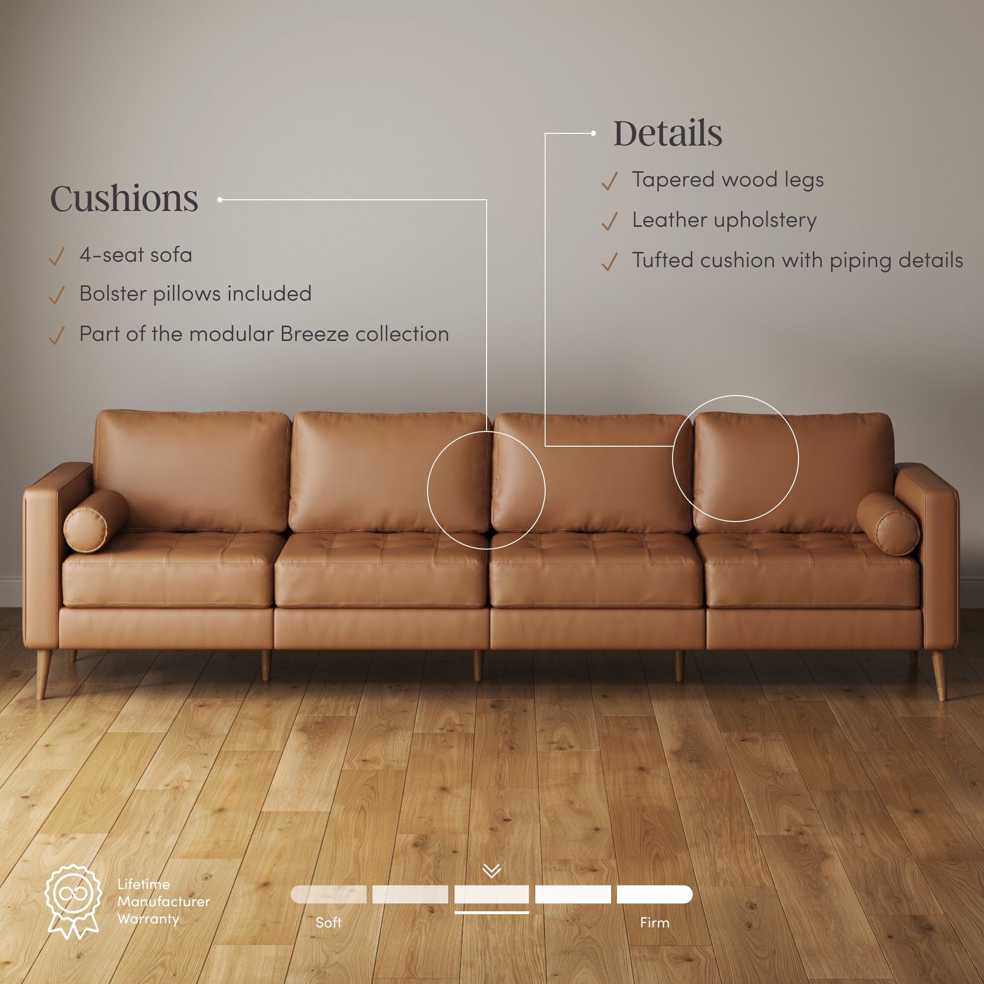 Canapé Breeze Mid-Century Modern, canapé en cuir avec coussin capitonné et cadre en bois massif