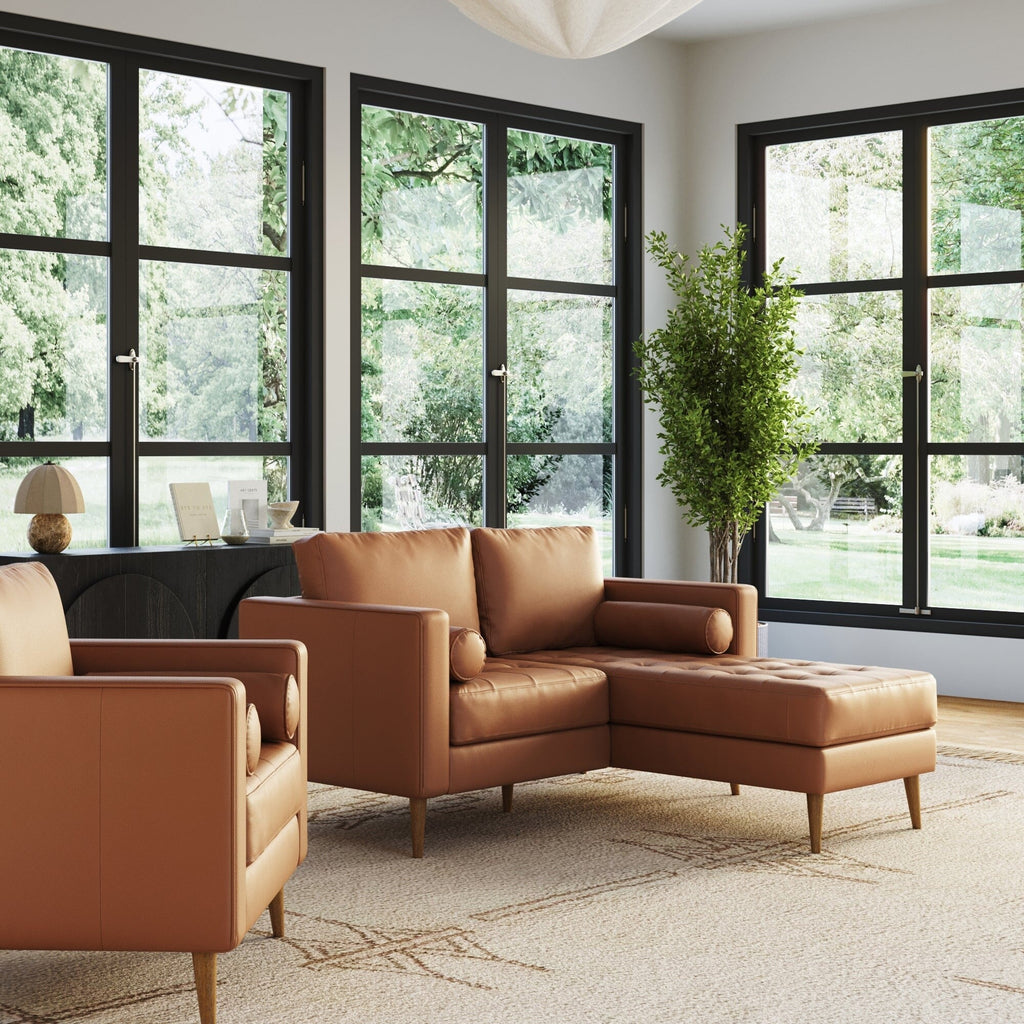 Canapé Breeze Mid-Century Modern, canapé en cuir avec coussin capitonné et cadre en bois massif