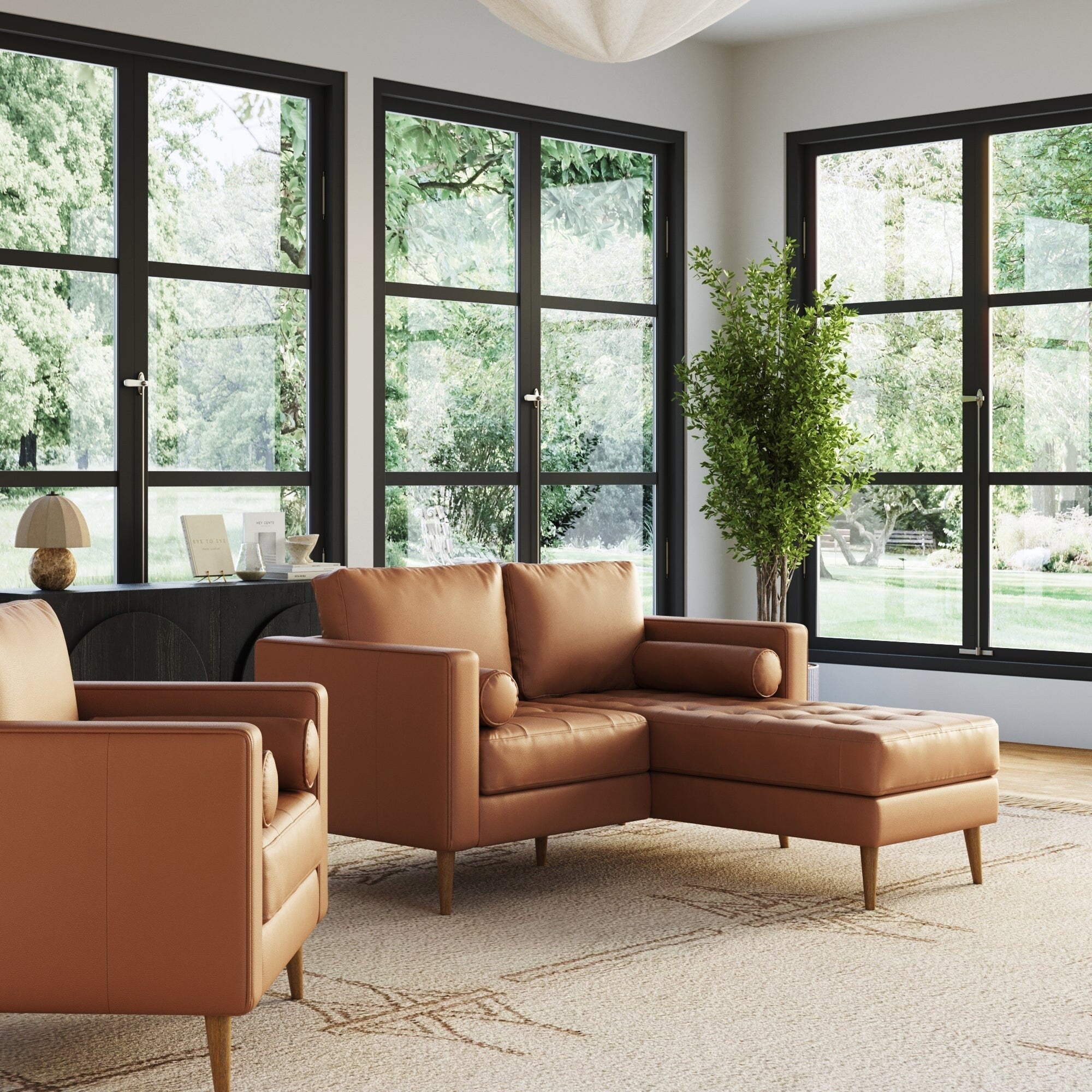 Canapé Breeze Mid-Century Modern, canapé en cuir avec coussin capitonné et cadre en bois massif