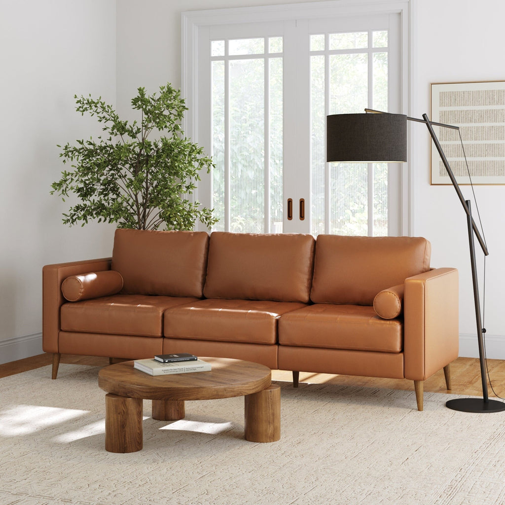 Canapé Breeze Mid-Century Modern, canapé en cuir avec coussin capitonné et cadre en bois massif