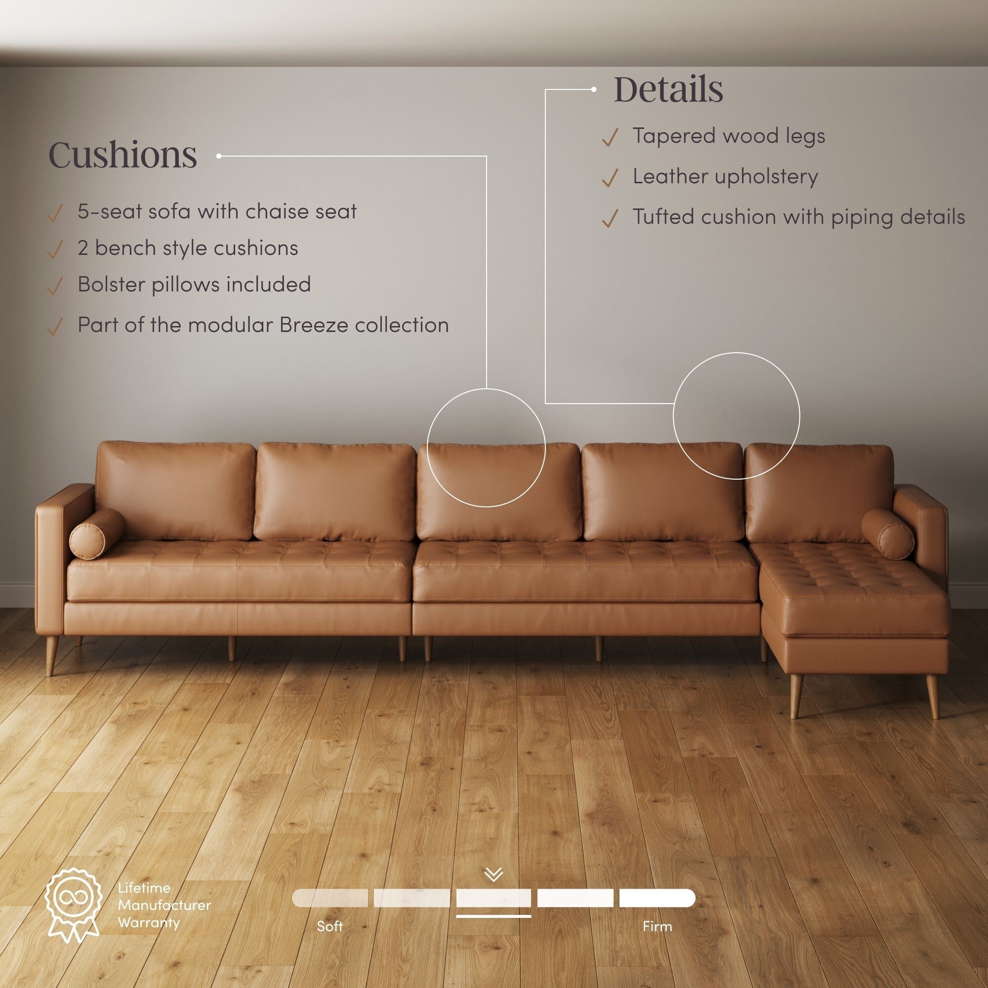 Canapé Breeze Mid-Century Modern, canapé en cuir avec coussin capitonné et cadre en bois massif