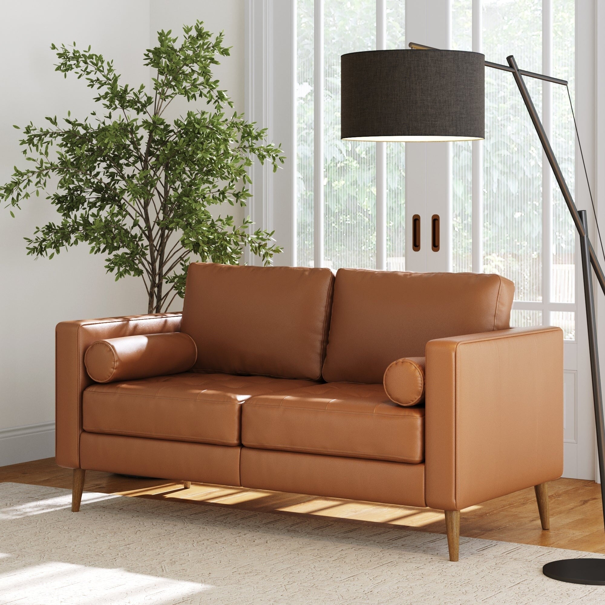 Canapé Breeze Mid-Century Modern, canapé en cuir avec coussin capitonné et cadre en bois massif