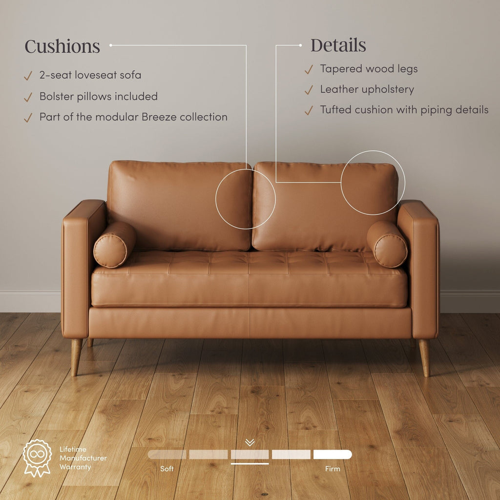 Canapé Breeze Mid-Century Modern, canapé en cuir avec coussin capitonné et cadre en bois massif