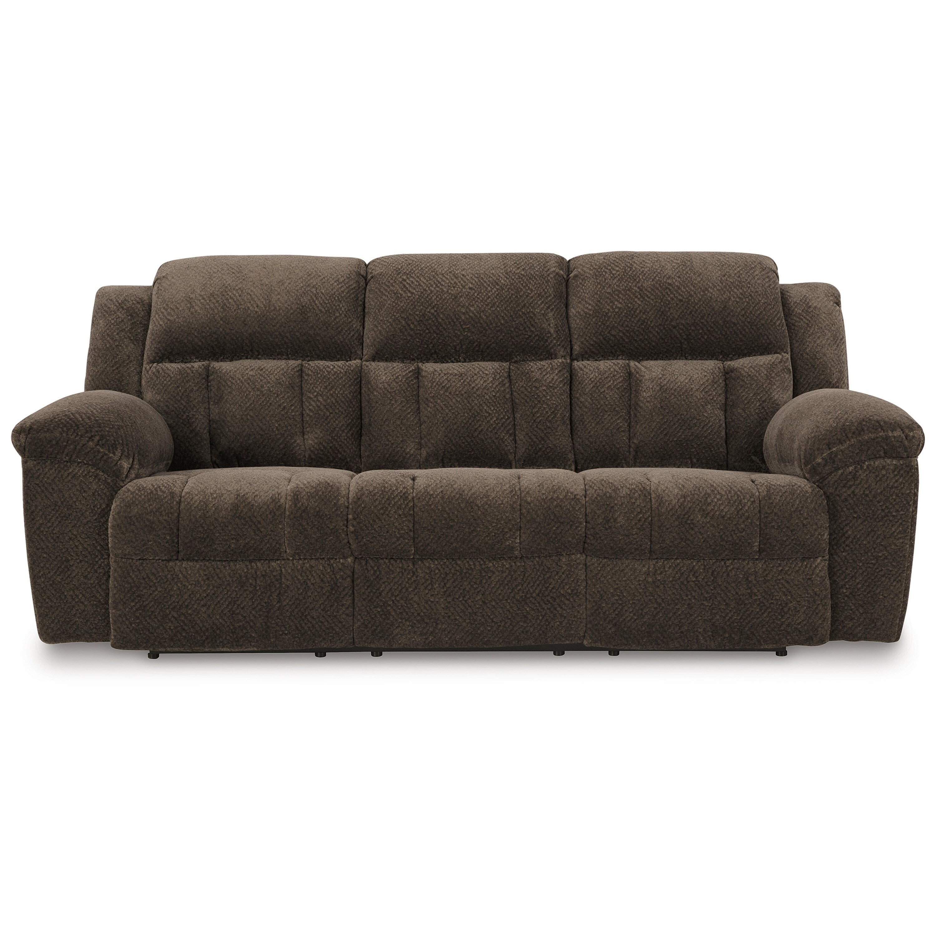 Canapé inclinable manuel Briar en polyester marron, accoudoirs coussinés, 230 cm