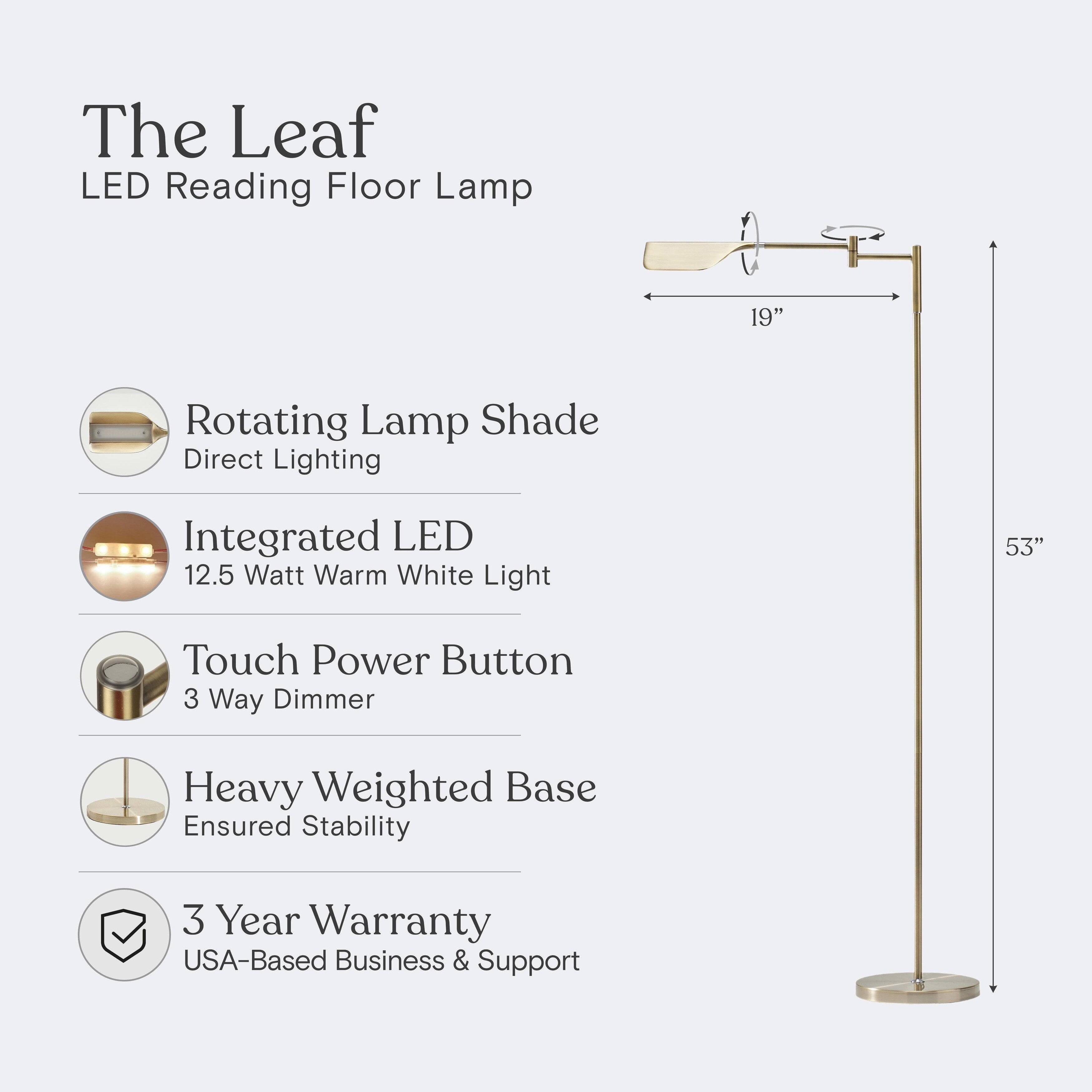 Lampadaire LED industriel Brightech Leaf de 53 po à intensité variable à 3 voies avec abat-jour empire en métal laiton